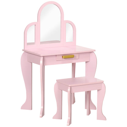 Children's Dressing Table Makeup Table with Stool 3 Mirrors and Drawer 3-6 Years - 52 x 32 x 85 cm - Pink