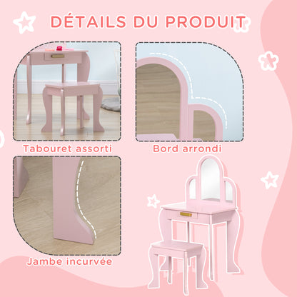 Children's Dressing Table Makeup Table with Stool 3 Mirrors and Drawer 3-6 Years - 52 x 32 x 85 cm - Pink
