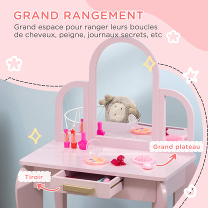 Children's Dressing Table Makeup Table with Stool 3 Mirrors and Drawer 3-6 Years - 52 x 32 x 85 cm - Pink