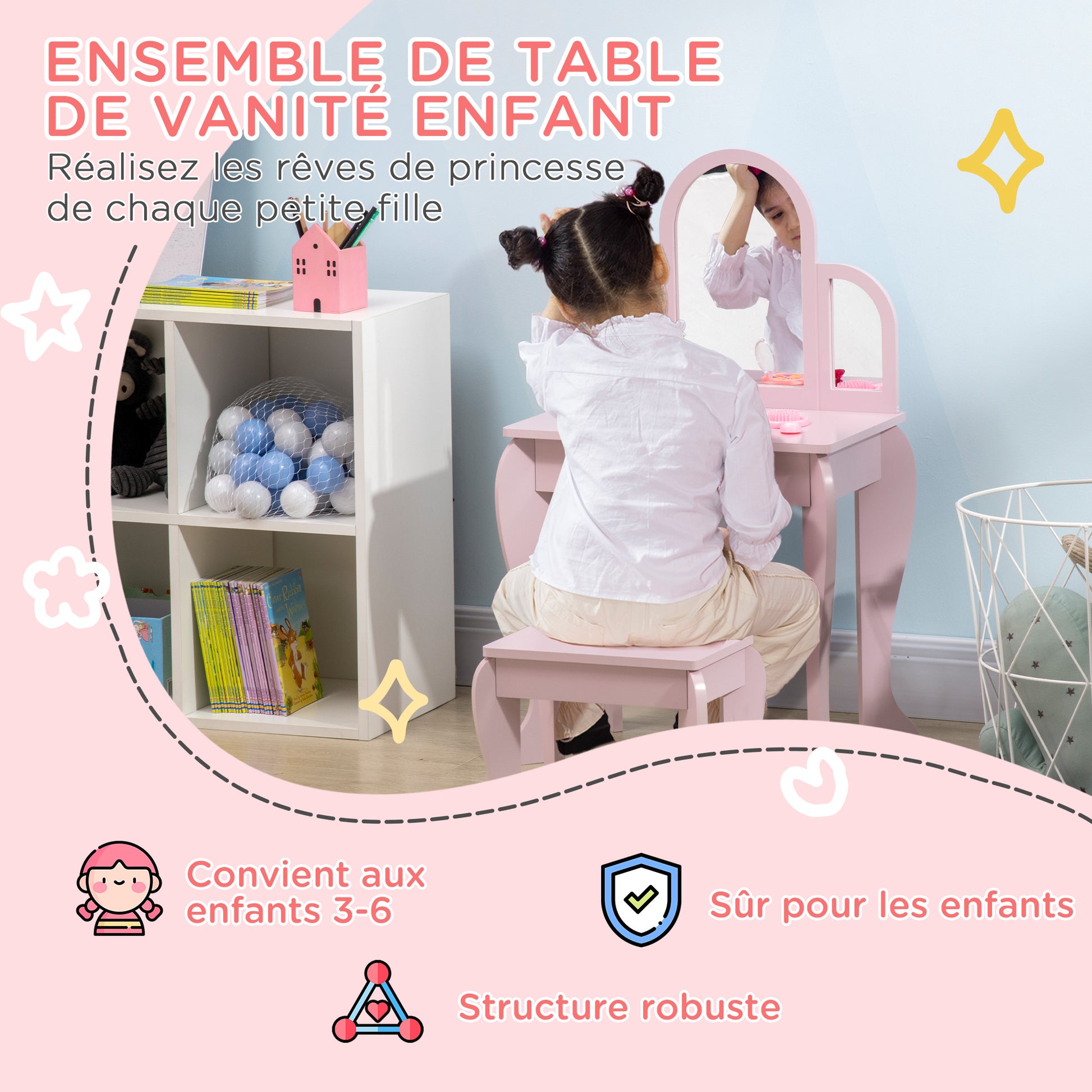 Children's Dressing Table Makeup Table with Stool 3 Mirrors and Drawer 3-6 Years - 52 x 32 x 85 cm - Pink
