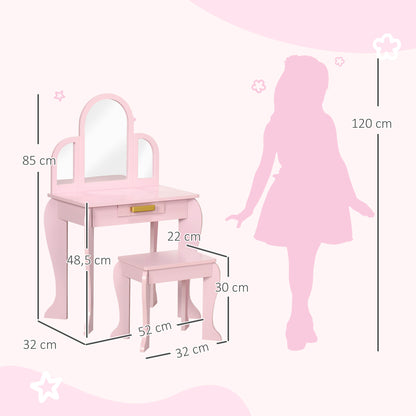 Children's Dressing Table Makeup Table with Stool 3 Mirrors and Drawer 3-6 Years - 52 x 32 x 85 cm - Pink