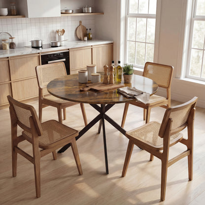 Round Dining Table for 4, Ø100 cm Industrial Kitchen Table with Steel X-Legs, Rustic Brown