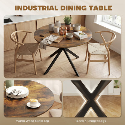 Round Dining Table for 4, Ø100 cm Industrial Kitchen Table with Steel X-Legs, Rustic Brown