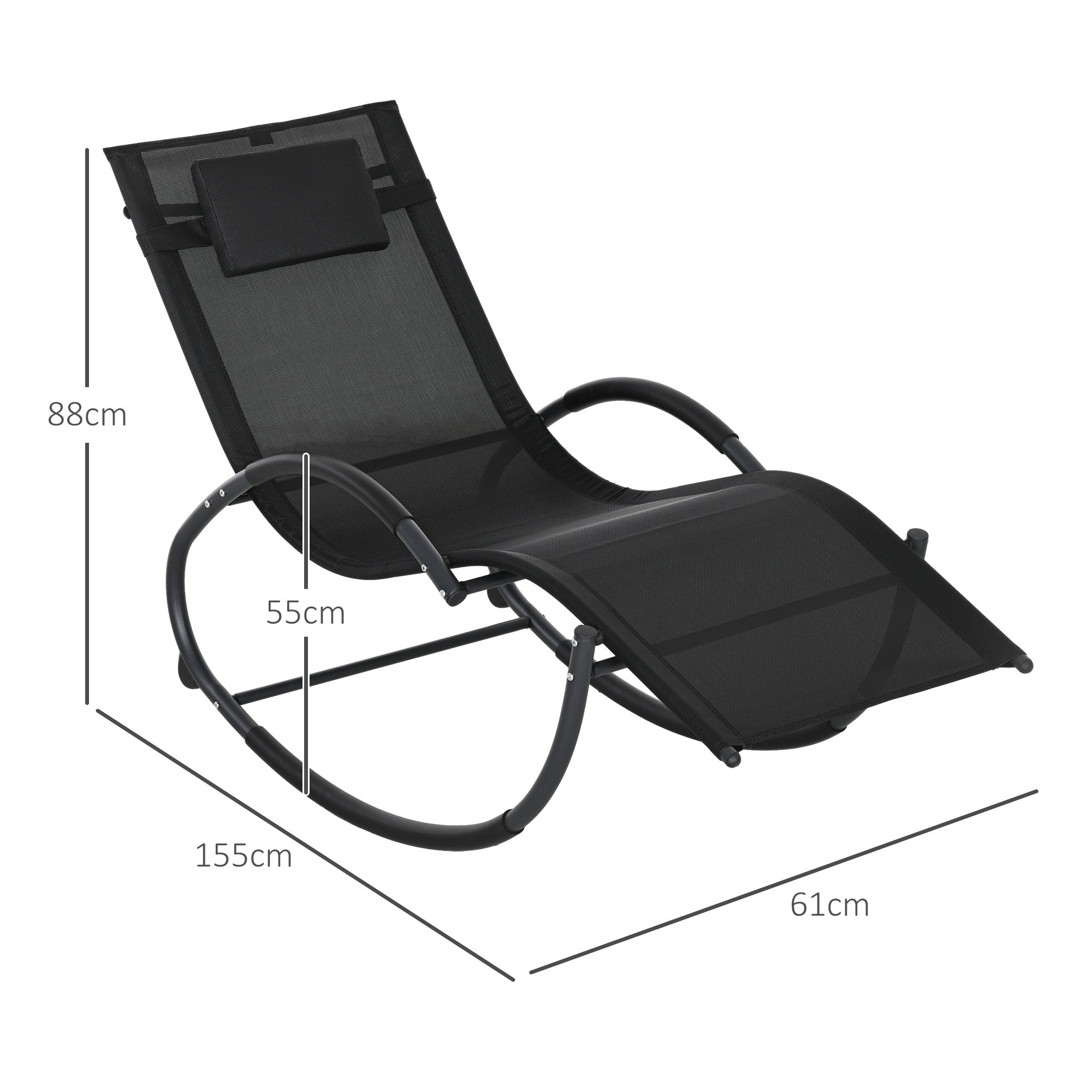 Outdoor Rocking Chair with Headrest Armrests and Metal Frame 120 kg Load Capacity for Indoor and Outdoor 155x61x88 cm Black