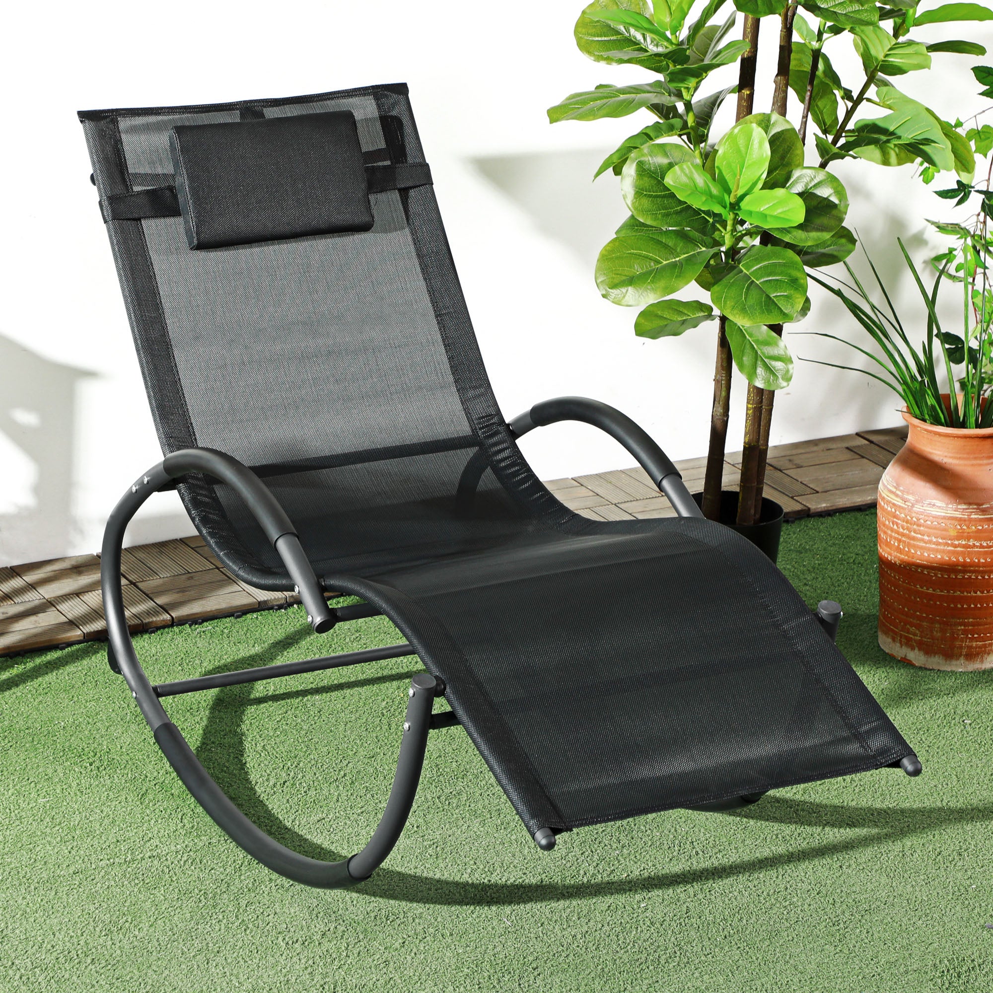 Outdoor Rocking Chair with Headrest Armrests and Metal Frame 120 kg Load Capacity for Indoor and Outdoor 155x61x88 cm Black