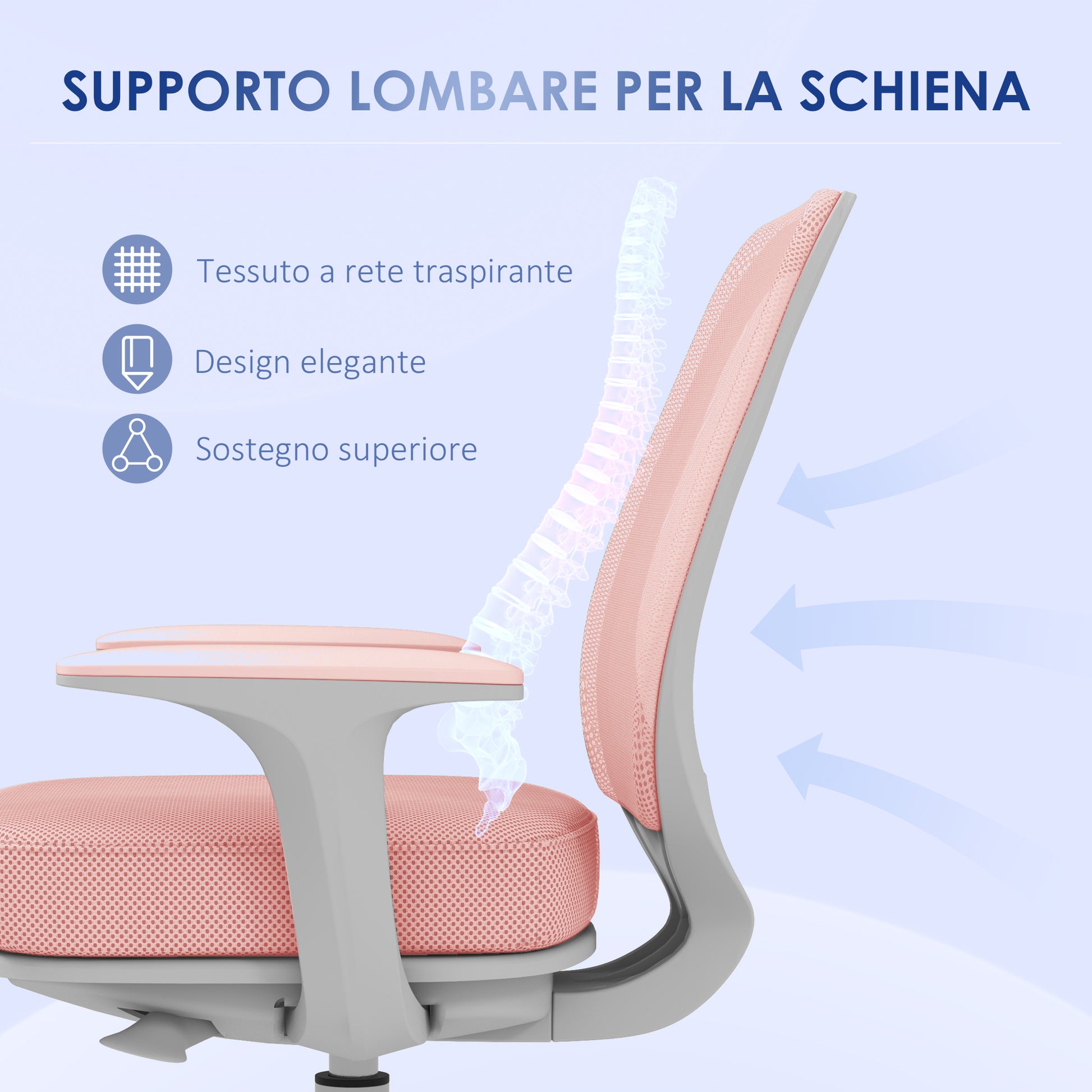 Breathable Fabric Ergonomic Office Chair with 5 Wheels, Adjustable Height, 55x48x82.5-94.5 cm, Pink