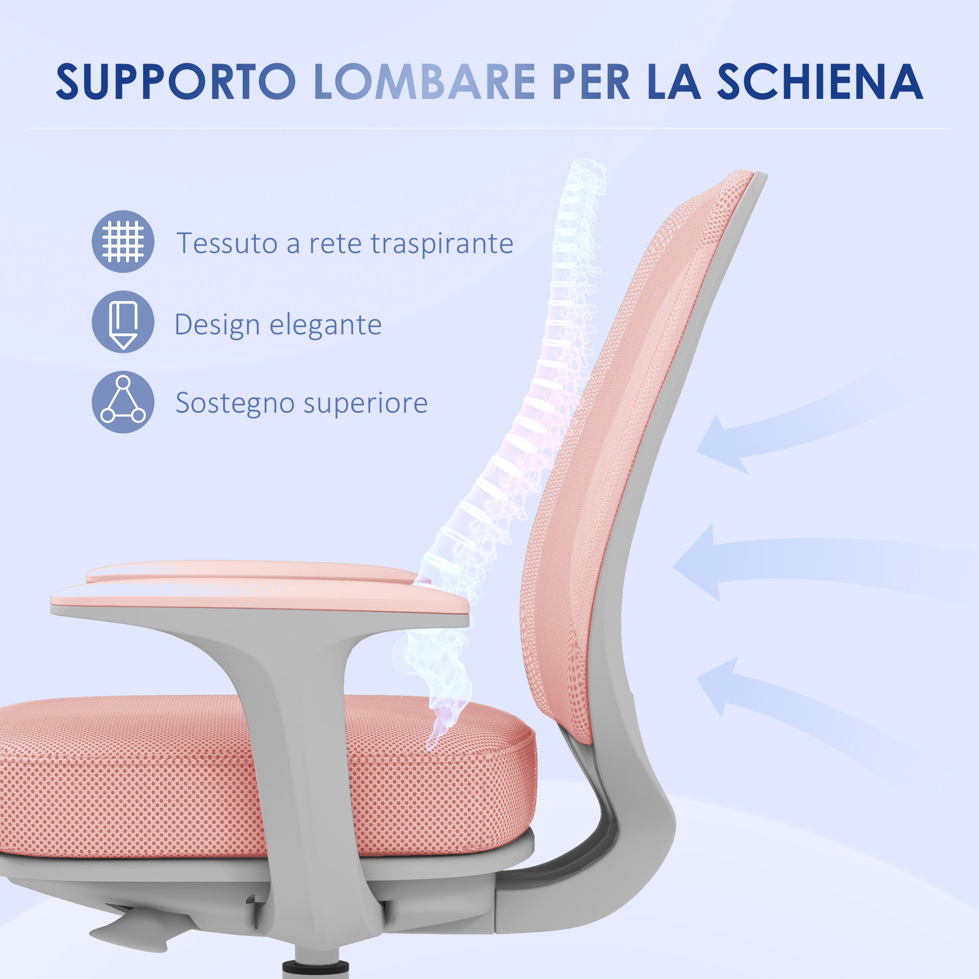 Breathable Fabric Ergonomic Office Chair with 5 Wheels, Adjustable Height, 55x48x82.5-94.5 cm, Pink