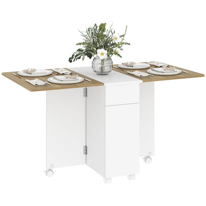 Folding Space-Saving Dining Table for 6 People, Flip-Top Wood Table with Wheels, 2 Drawers and Cabinet for Kitchen and Living Room, 140x76x74 cm, White and Natural