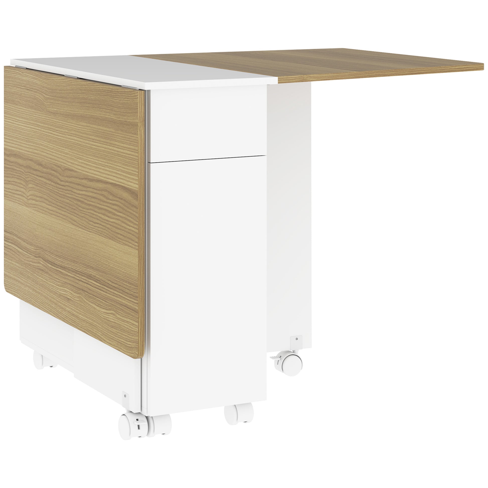 Folding Space-Saving Dining Table for 6 People, Flip-Top Wood Table with Wheels, 2 Drawers and Cabinet for Kitchen and Living Room, 140x76x74 cm, White and Natural