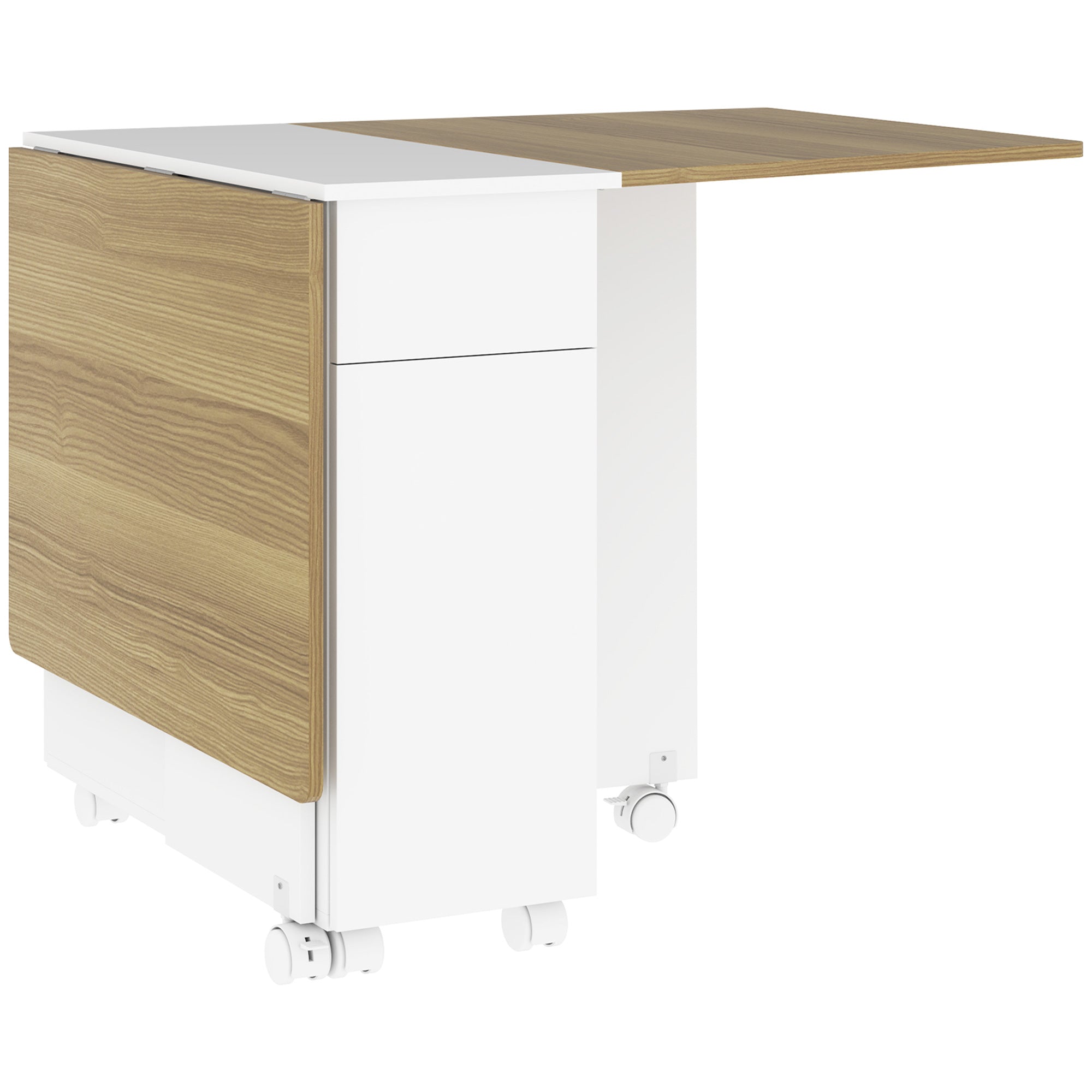 Folding Space-Saving Dining Table for 6 People, Flip-Top Wood Table with Wheels, 2 Drawers and Cabinet for Kitchen and Living Room, 140x76x74 cm, White and Natural