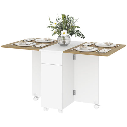 Folding Space-Saving Dining Table for 6 People, Flip-Top Wood Table with Wheels, 2 Drawers and Cabinet for Kitchen and Living Room, 140x76x74 cm, White and Natural