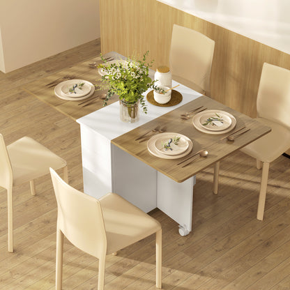 Folding Space-Saving Dining Table for 6 People, Flip-Top Wood Table with Wheels, 2 Drawers and Cabinet for Kitchen and Living Room, 140x76x74 cm, White and Natural