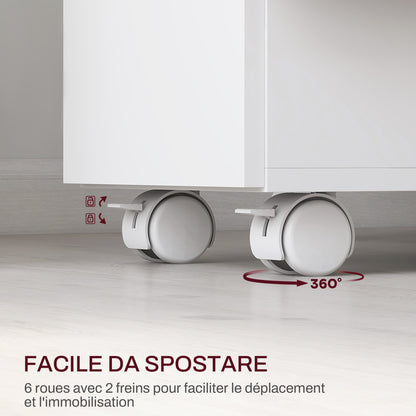 Folding Space-Saving Dining Table for 6 People, Flip-Top Wood Table with Wheels, 2 Drawers and Cabinet for Kitchen and Living Room, 140x76x74 cm, White and Natural