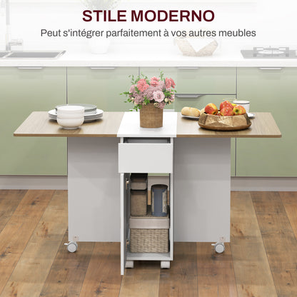 Folding Space-Saving Dining Table for 6 People, Flip-Top Wood Table with Wheels, 2 Drawers and Cabinet for Kitchen and Living Room, 140x76x74 cm, White and Natural