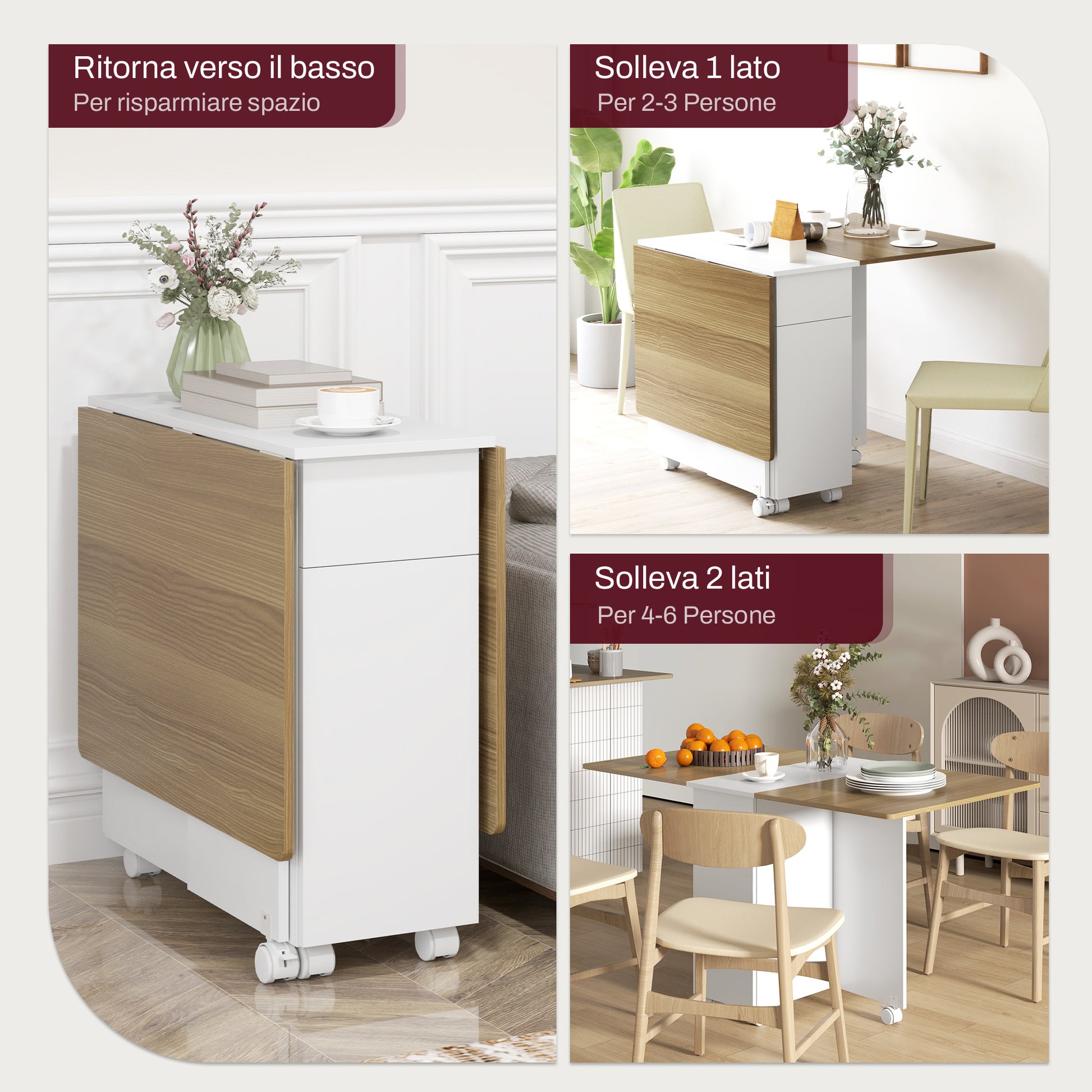 Folding Space-Saving Dining Table for 6 People, Flip-Top Wood Table with Wheels, 2 Drawers and Cabinet for Kitchen and Living Room, 140x76x74 cm, White and Natural