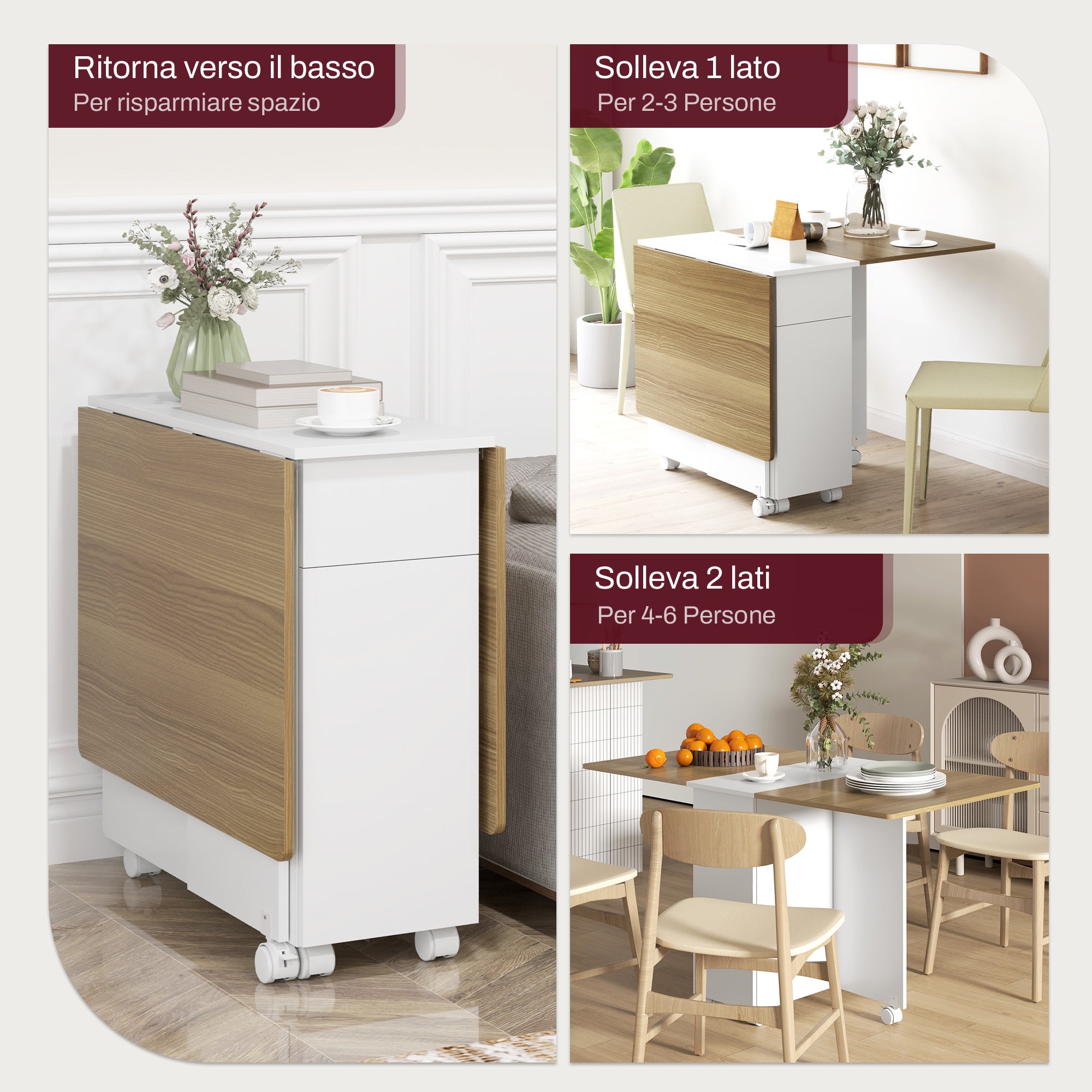 Folding Space-Saving Dining Table for 6 People, Flip-Top Wood Table with Wheels, 2 Drawers and Cabinet for Kitchen and Living Room, 140x76x74 cm, White and Natural