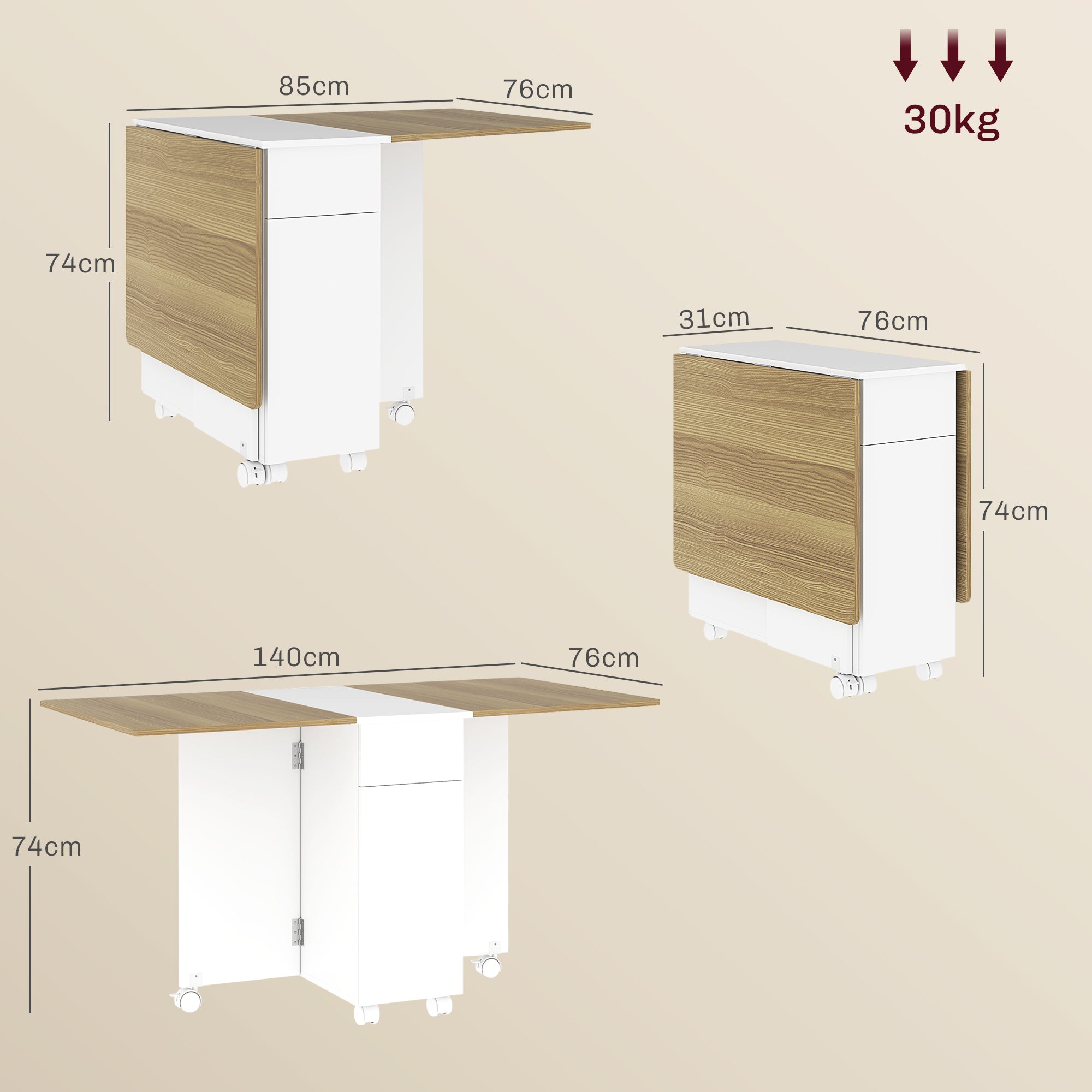 Folding Space-Saving Dining Table for 6 People, Flip-Top Wood Table with Wheels, 2 Drawers and Cabinet for Kitchen and Living Room, 140x76x74 cm, White and Natural