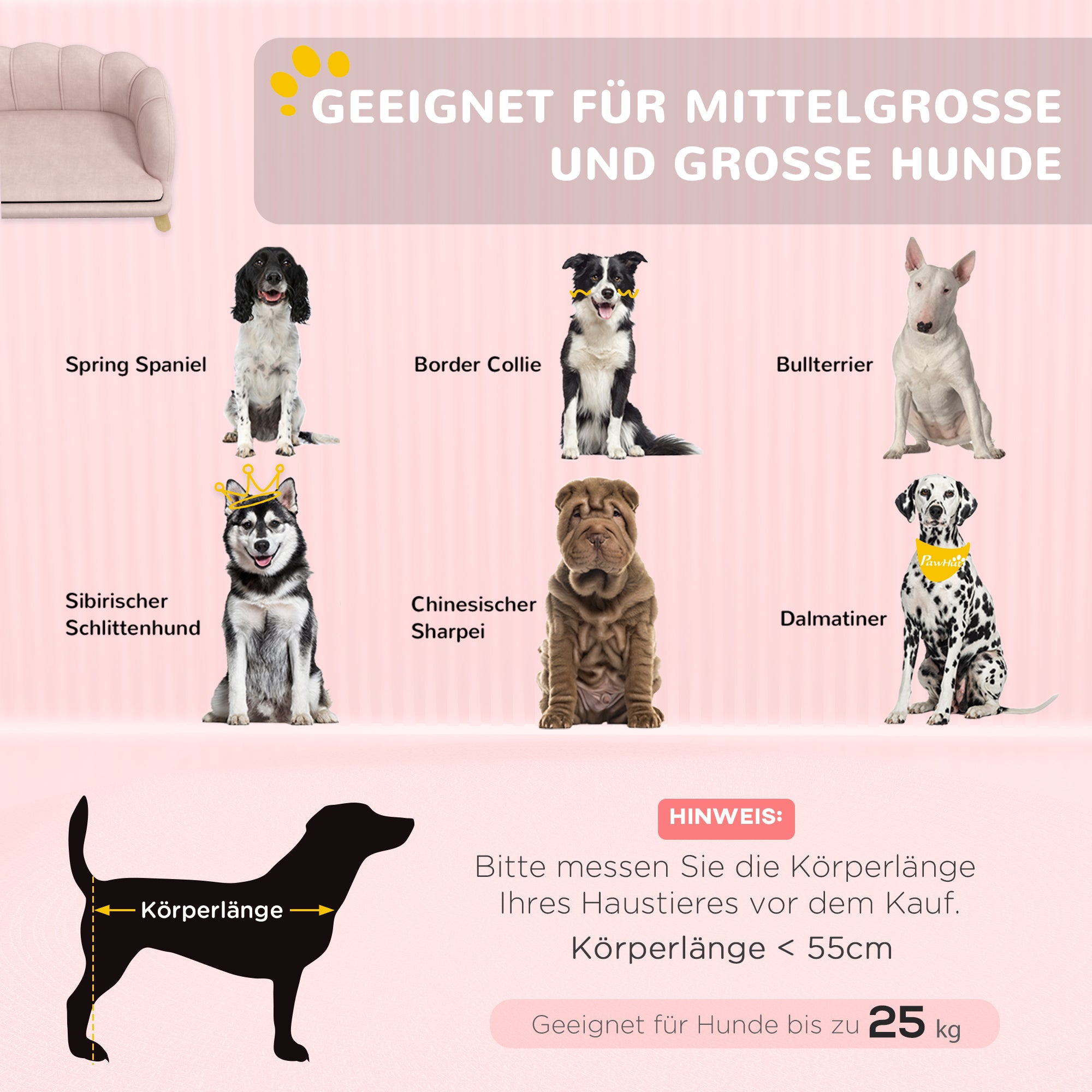 Dog Sofa Dog Couch, Washable Cover, Pet Sofa with Backrest and Wooden Legs, Cat Sofa, for medium-sized dogs up to 25 kg, Pink