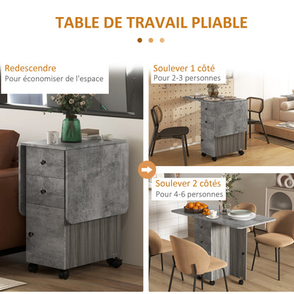 Folding Kitchen Table, Foldable Dining Table with 2 Foldable Trays, 2 Drawers, 1 Cabinet, and 1 Storage Shelf, 120 x 60 x 76.5 cm - Gray