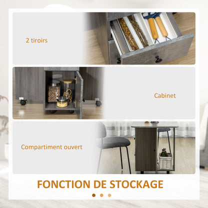 Folding Kitchen Table, Foldable Dining Table with 2 Foldable Trays, 2 Drawers, 1 Cabinet, and 1 Storage Shelf, 120 x 60 x 76.5 cm - Gray