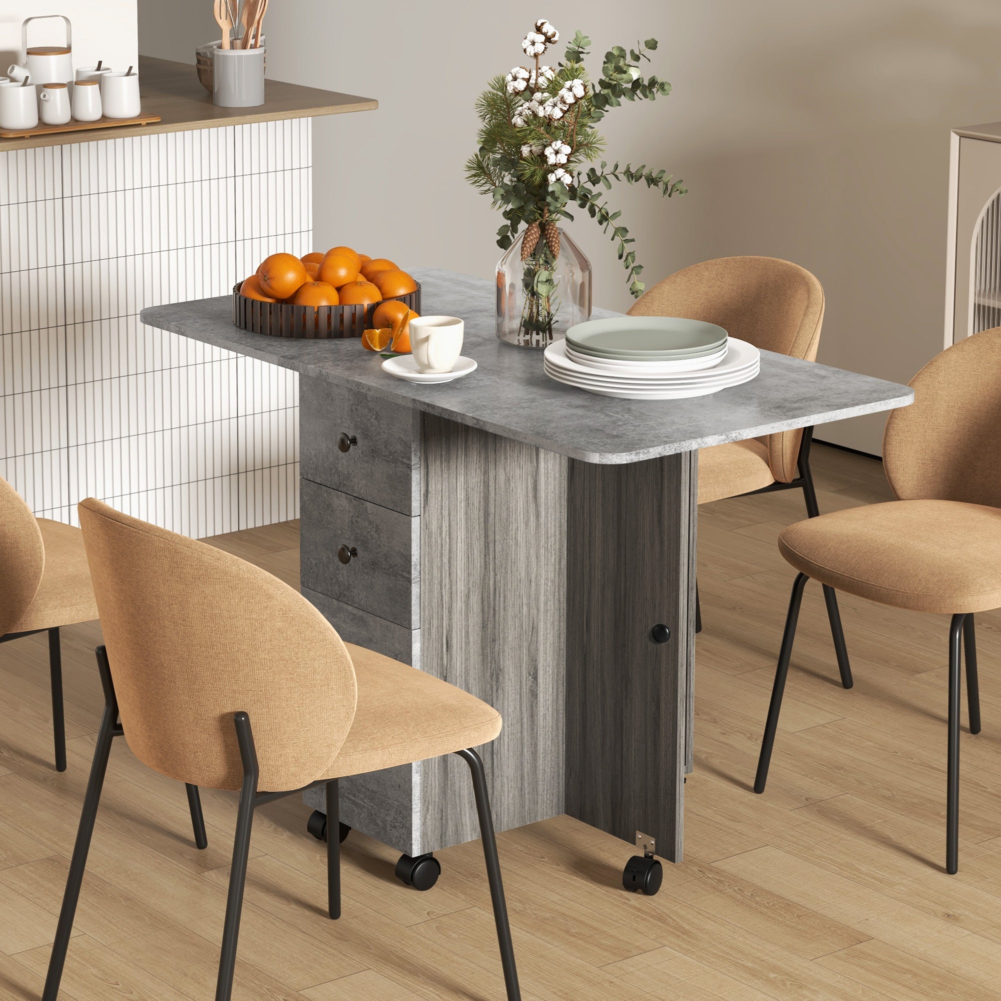 Folding Kitchen Table, Foldable Dining Table with 2 Foldable Trays, 2 Drawers, 1 Cabinet, and 1 Storage Shelf, 120 x 60 x 76.5 cm - Gray