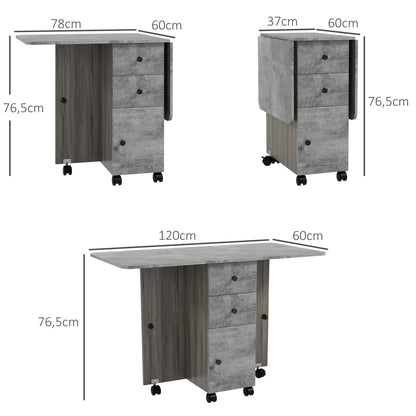 Folding Kitchen Table, Foldable Dining Table with 2 Foldable Trays, 2 Drawers, 1 Cabinet, and 1 Storage Shelf, 120 x 60 x 76.5 cm - Gray