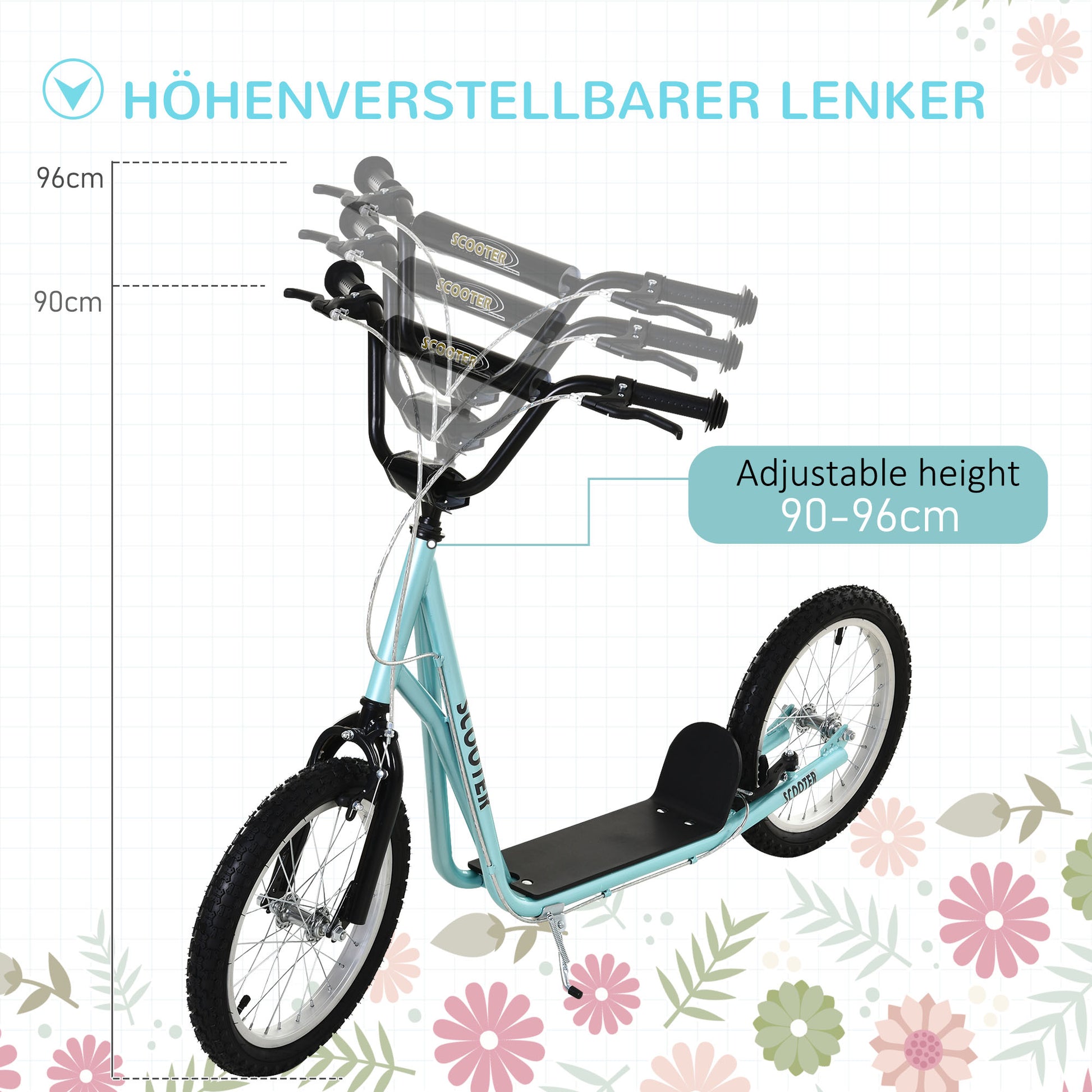 Kids Scooter Kick Scooter City Scooter Kickboard Scooter for Kids with Air Tires and Hand Brake Kids Scooter Waterproof Foldable from 5 Years 16 Inch Light Blue 139 x 58 x 90-96 cm