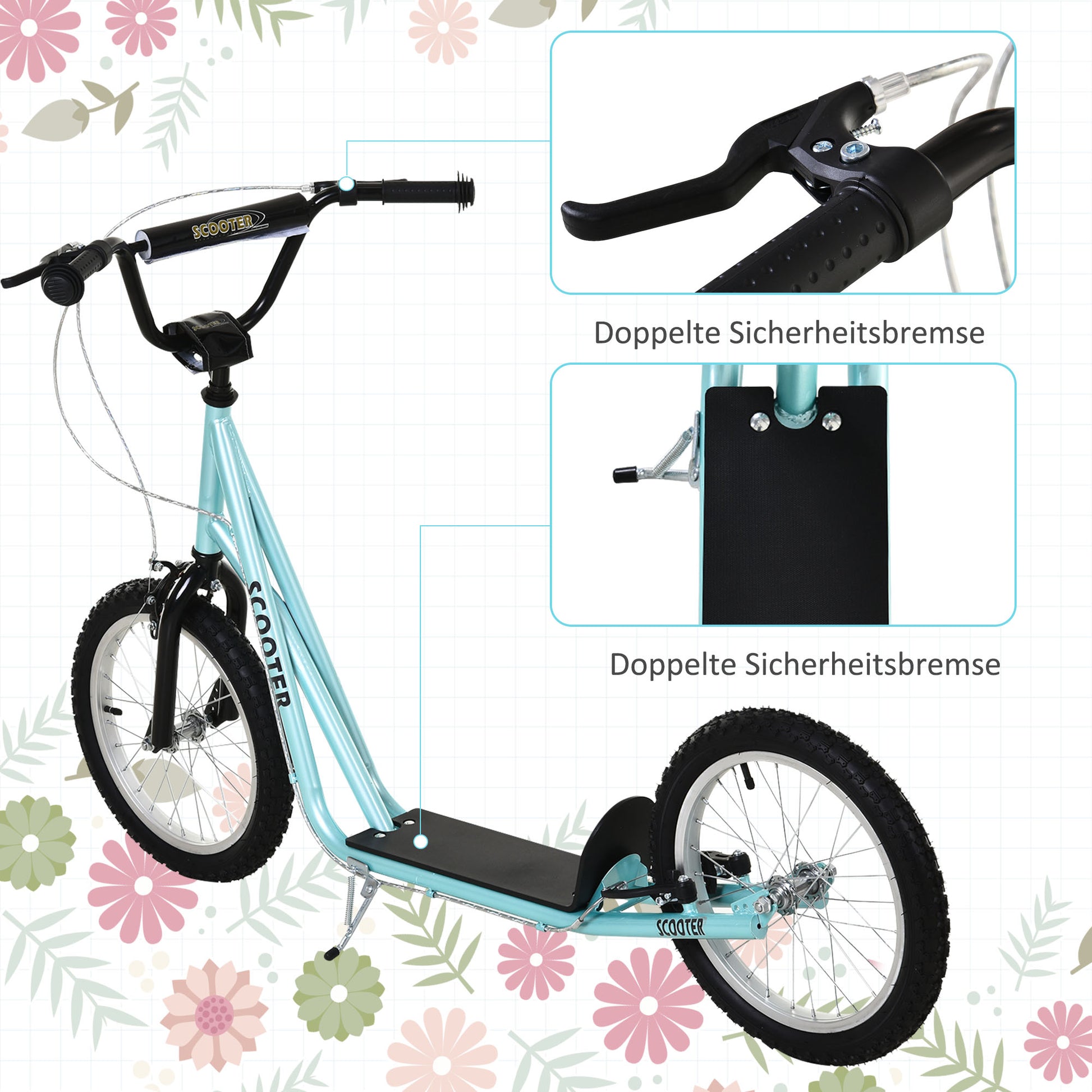 Kids Scooter Kick Scooter City Scooter Kickboard Scooter for Kids with Air Tires and Hand Brake Kids Scooter Waterproof Foldable from 5 Years 16 Inch Light Blue 139 x 58 x 90-96 cm