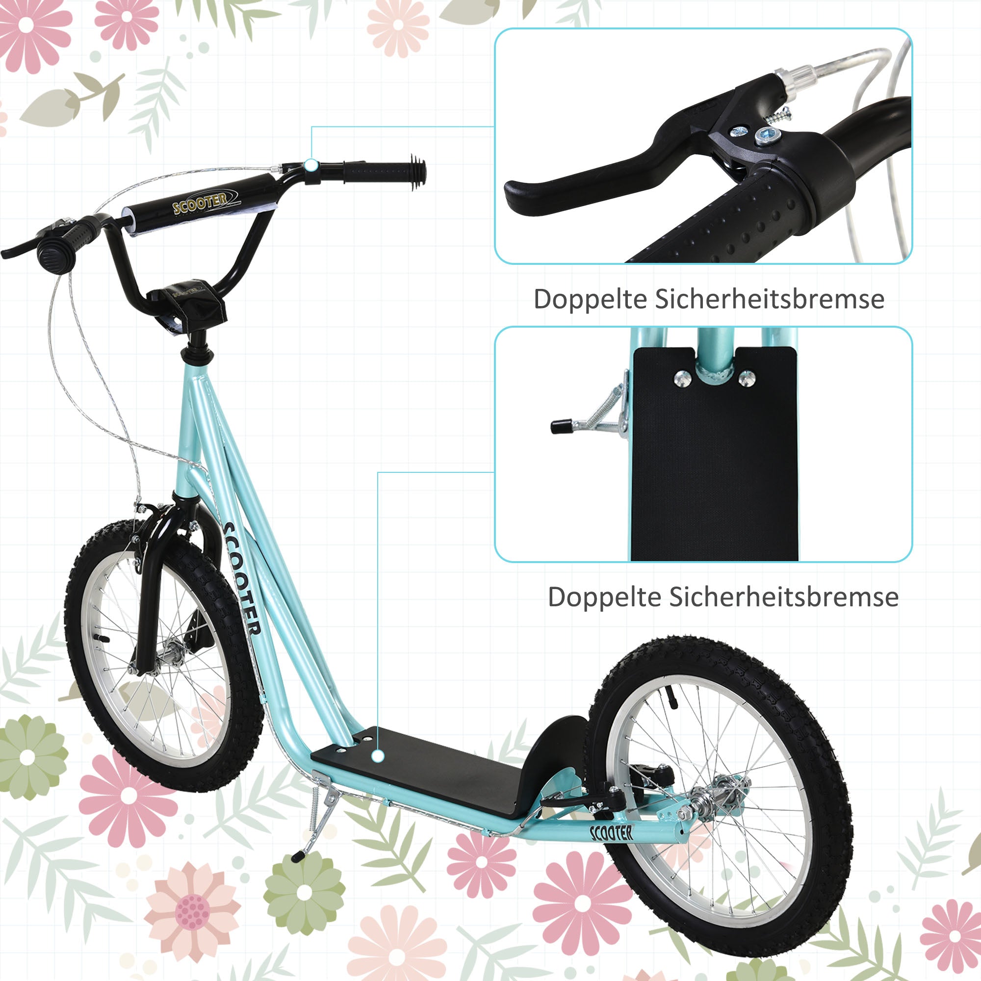 Kids Scooter Kick Scooter City Scooter Kickboard Scooter for Kids with Air Tires and Hand Brake Kids Scooter Waterproof Foldable from 5 Years 16 Inch Light Blue 139 x 58 x 90-96 cm