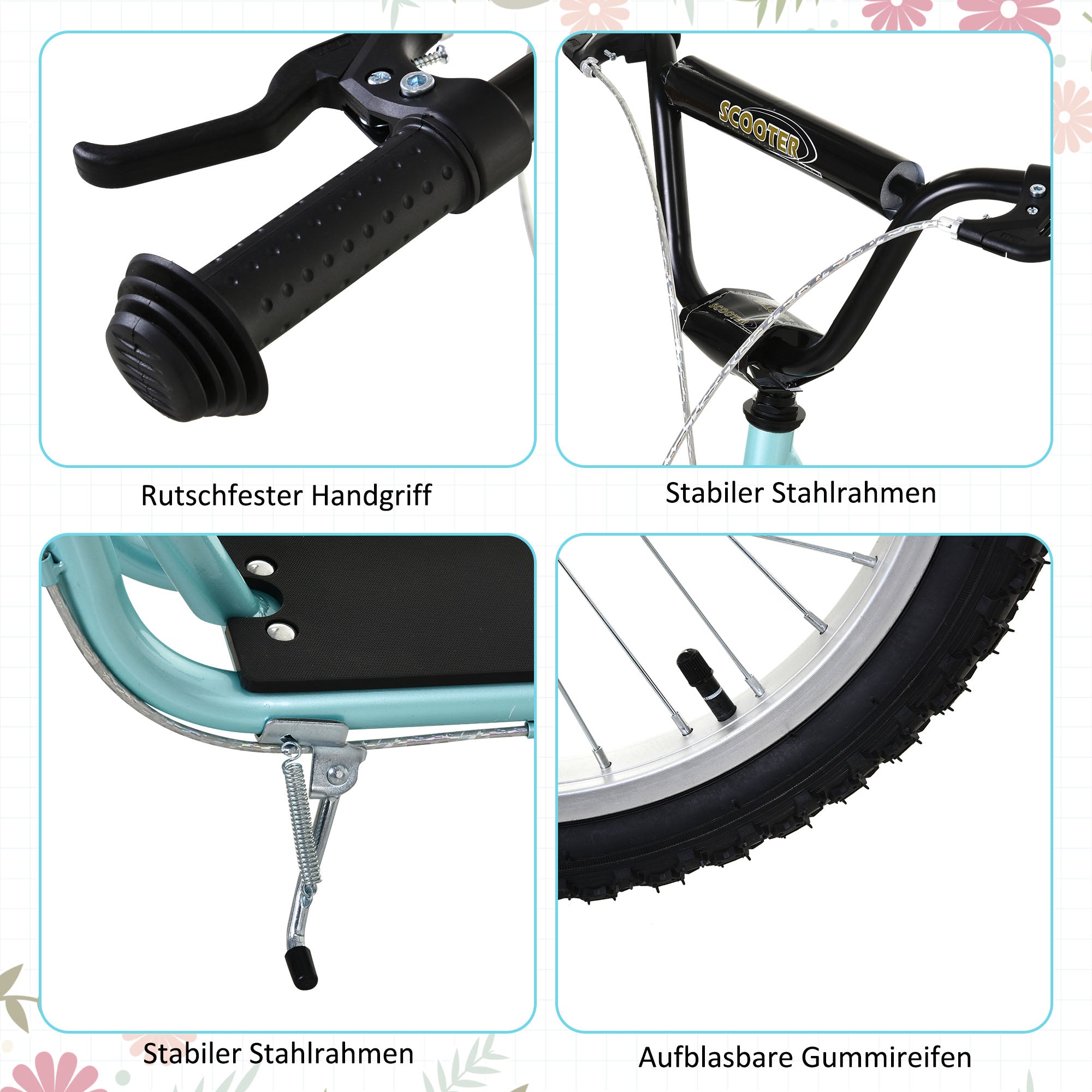 Kids Scooter Kick Scooter City Scooter Kickboard Scooter for Kids with Air Tires and Hand Brake Kids Scooter Waterproof Foldable from 5 Years 16 Inch Light Blue 139 x 58 x 90-96 cm