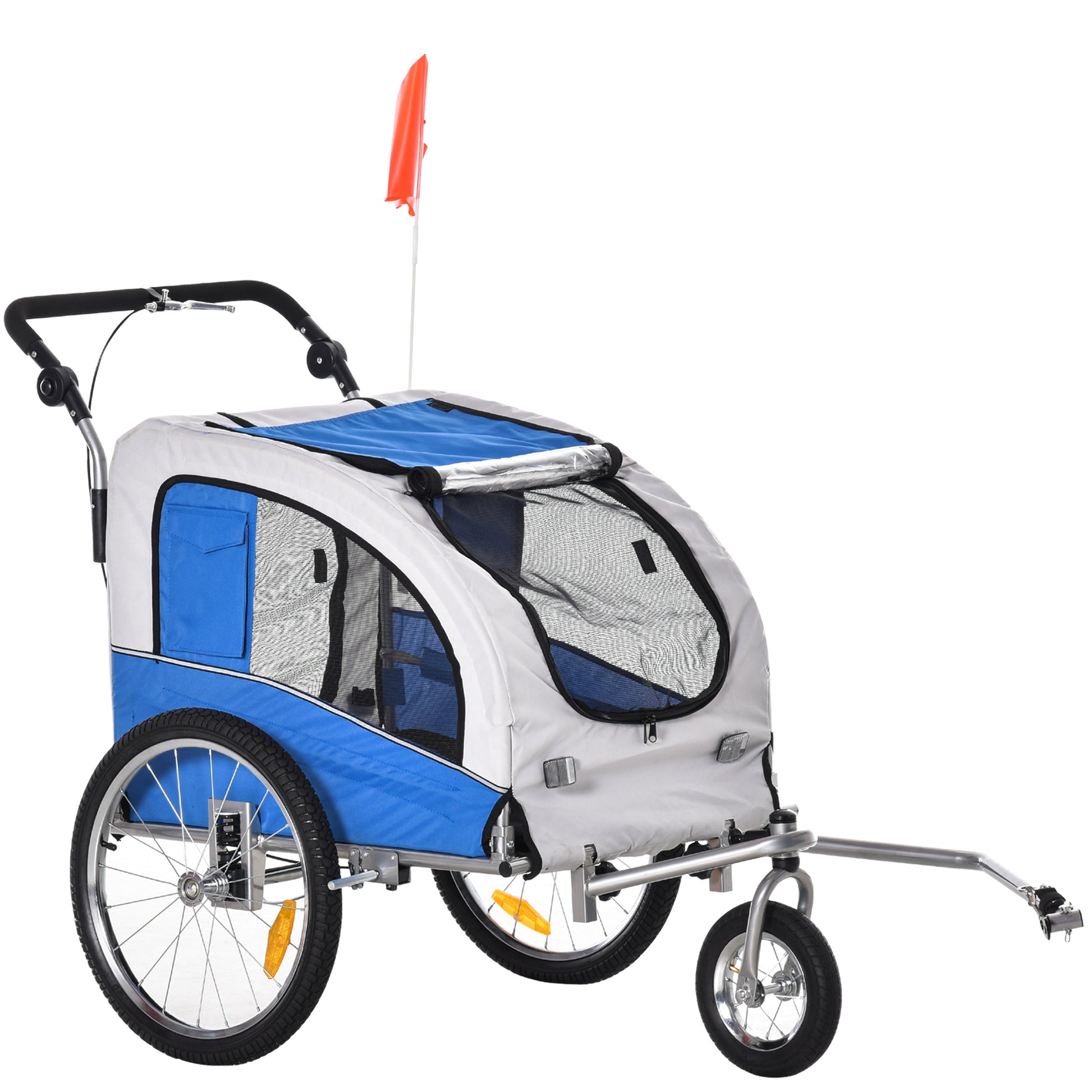 2-in-1 Dog Trailer, Bike Trailer for Dogs, Pet Stroller with Reflectors, Flag, Dog Bike Trailer Dog Buggy, Oxford Fabric Blue+Gray