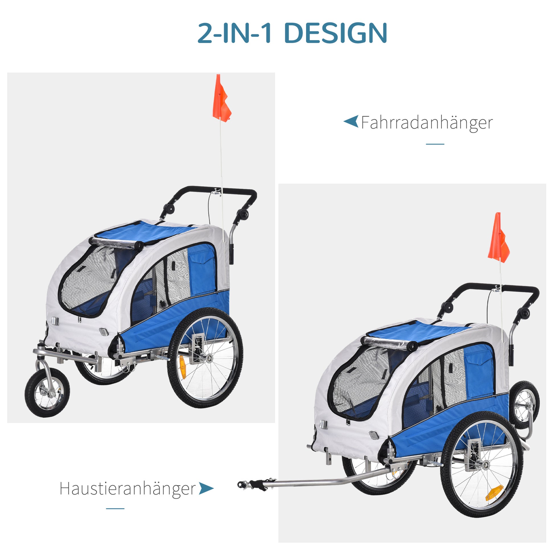 2-in-1 Dog Trailer, Bike Trailer for Dogs, Pet Stroller with Reflectors, Flag, Dog Bike Trailer Dog Buggy, Oxford Fabric Blue+Gray