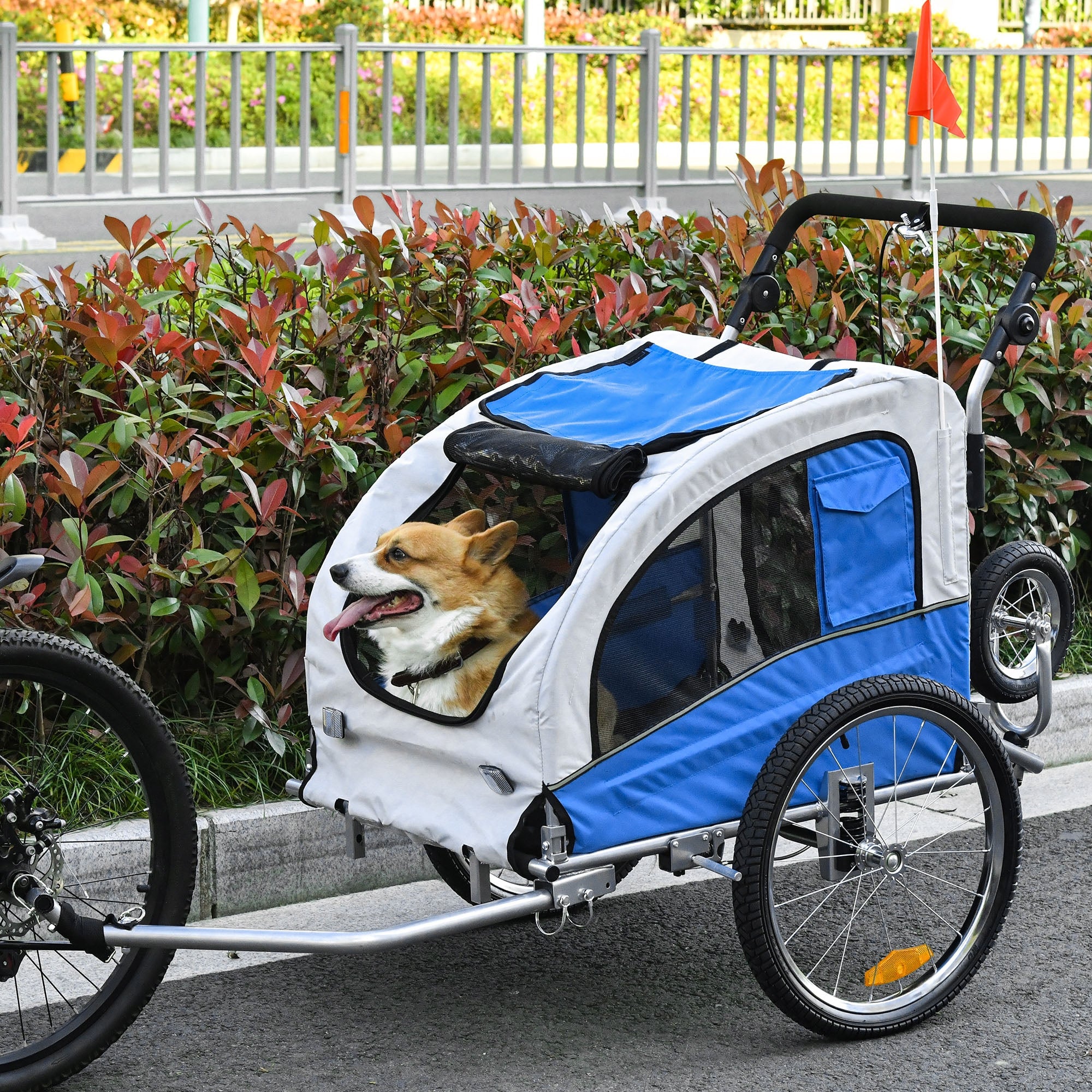 2-in-1 Dog Trailer, Bike Trailer for Dogs, Pet Stroller with Reflectors, Flag, Dog Bike Trailer Dog Buggy, Oxford Fabric Blue+Gray
