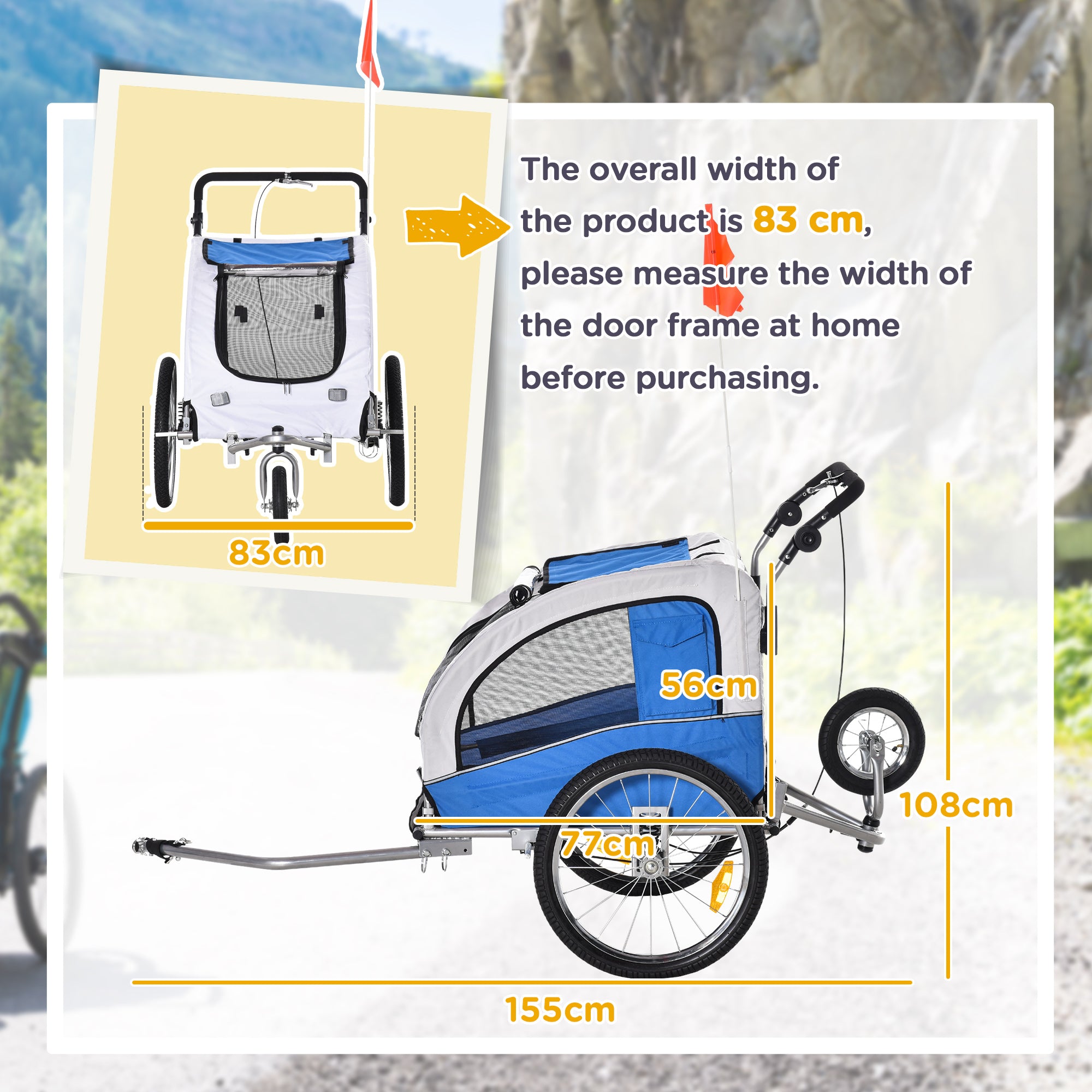 2-in-1 Dog Trailer, Bike Trailer for Dogs, Pet Stroller with Reflectors, Flag, Dog Bike Trailer Dog Buggy, Oxford Fabric Blue+Gray