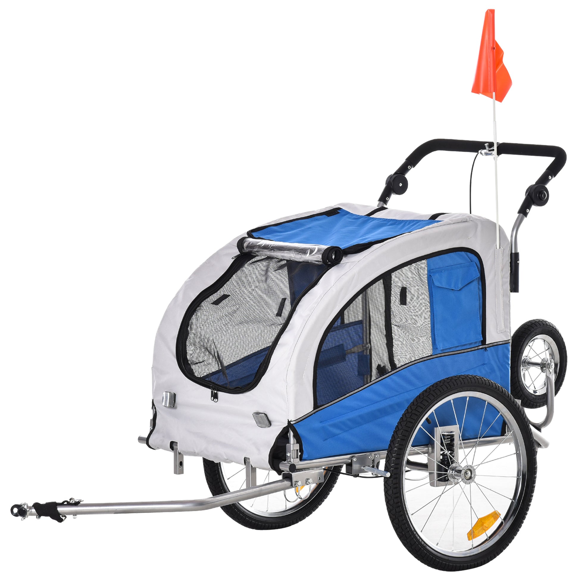 2-in-1 Dog Trailer, Bike Trailer for Dogs, Pet Stroller with Reflectors, Flag, Dog Bike Trailer Dog Buggy, Oxford Fabric Blue+Gray