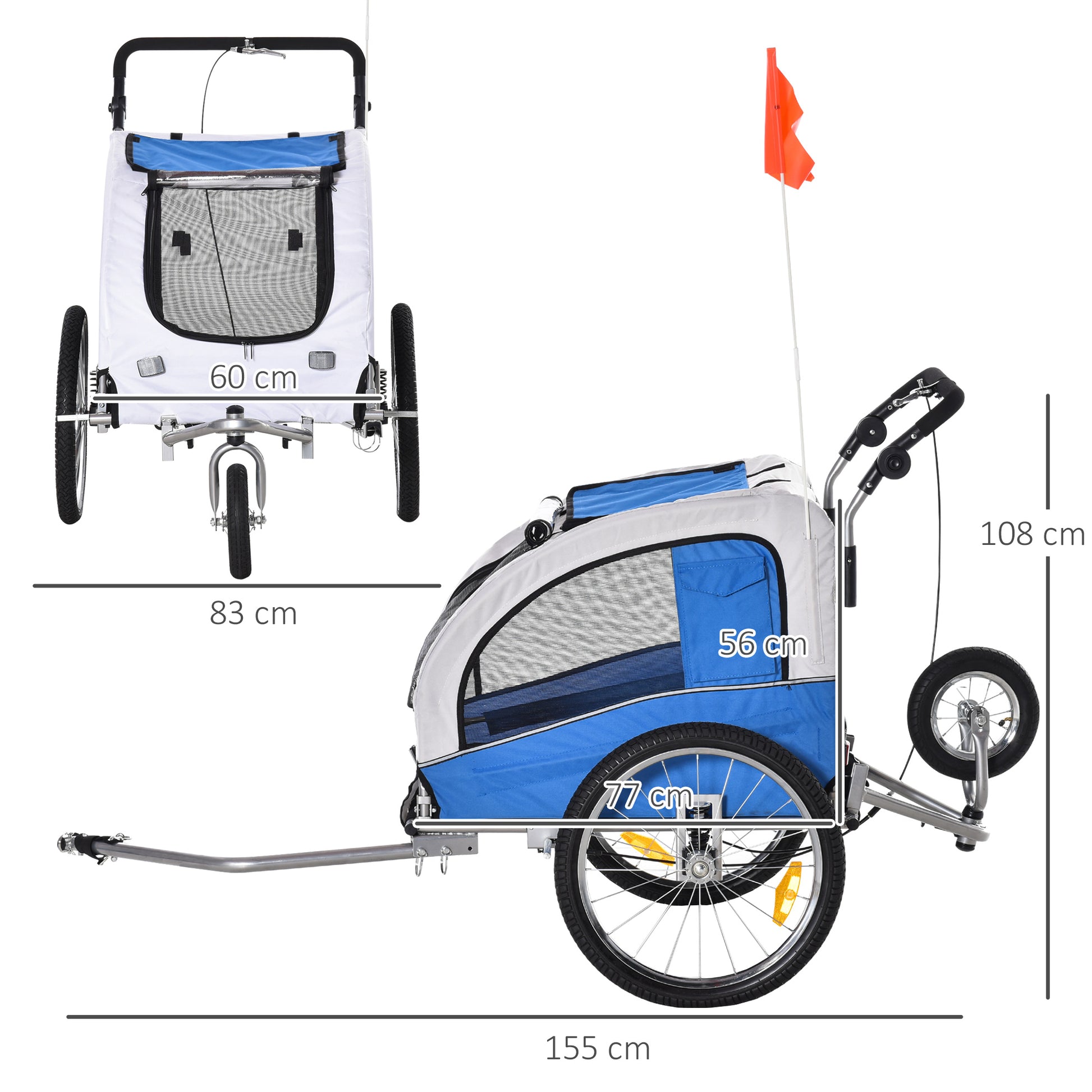 2-in-1 Dog Trailer, Bike Trailer for Dogs, Pet Stroller with Reflectors, Flag, Dog Bike Trailer Dog Buggy, Oxford Fabric Blue+Gray