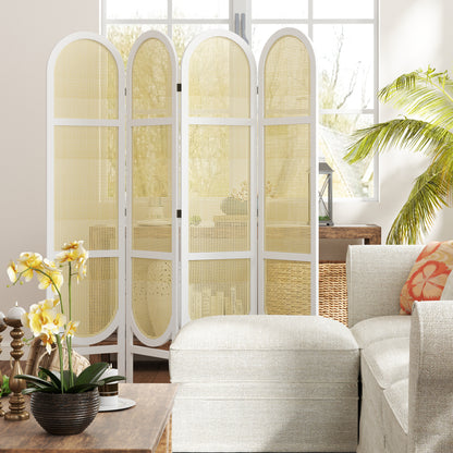 Indoor Wood Room Divider 4 Panel 170 x 160 cm, Foldable and Portable, Hand-Woven Pattern, Separation Partition for Living Room Bedroom Home, White