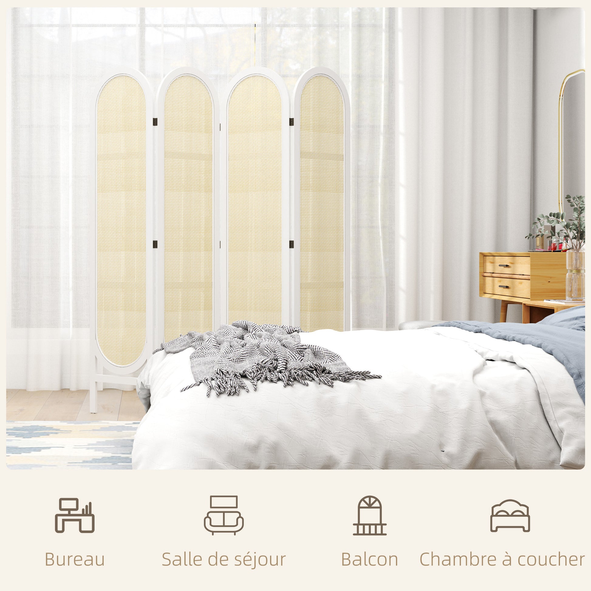 Indoor Wood Room Divider 4 Panel 170 x 160 cm, Foldable and Portable, Hand-Woven Pattern, Separation Partition for Living Room Bedroom Home, White