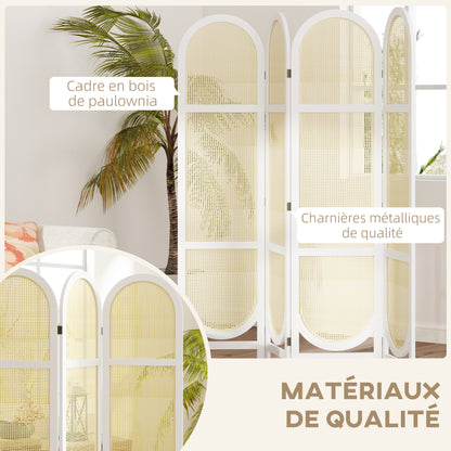 Indoor Wood Room Divider 4 Panel 170 x 160 cm, Foldable and Portable, Hand-Woven Pattern, Separation Partition for Living Room Bedroom Home, White