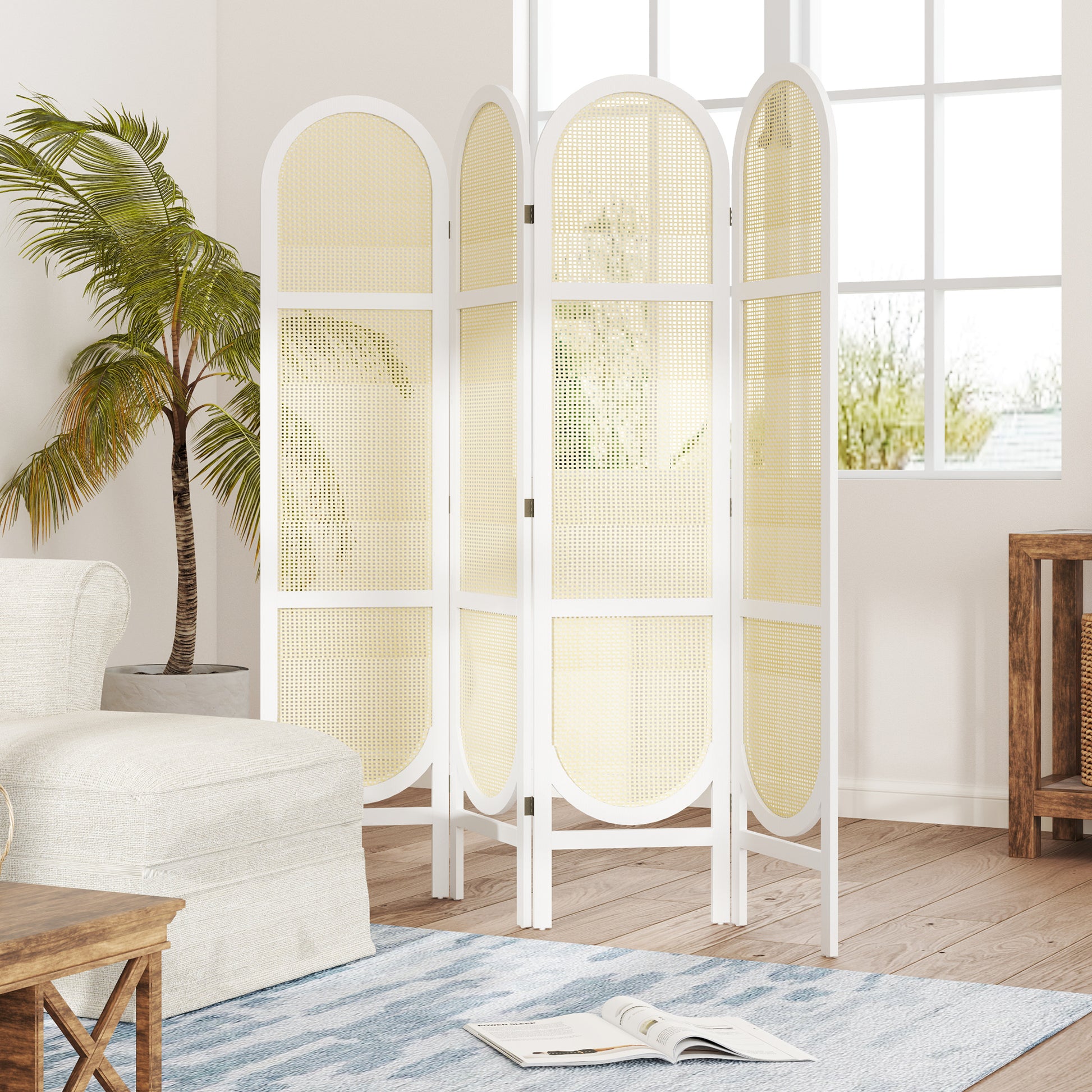 Indoor Wood Room Divider 4 Panel 170 x 160 cm, Foldable and Portable, Hand-Woven Pattern, Separation Partition for Living Room Bedroom Home, White