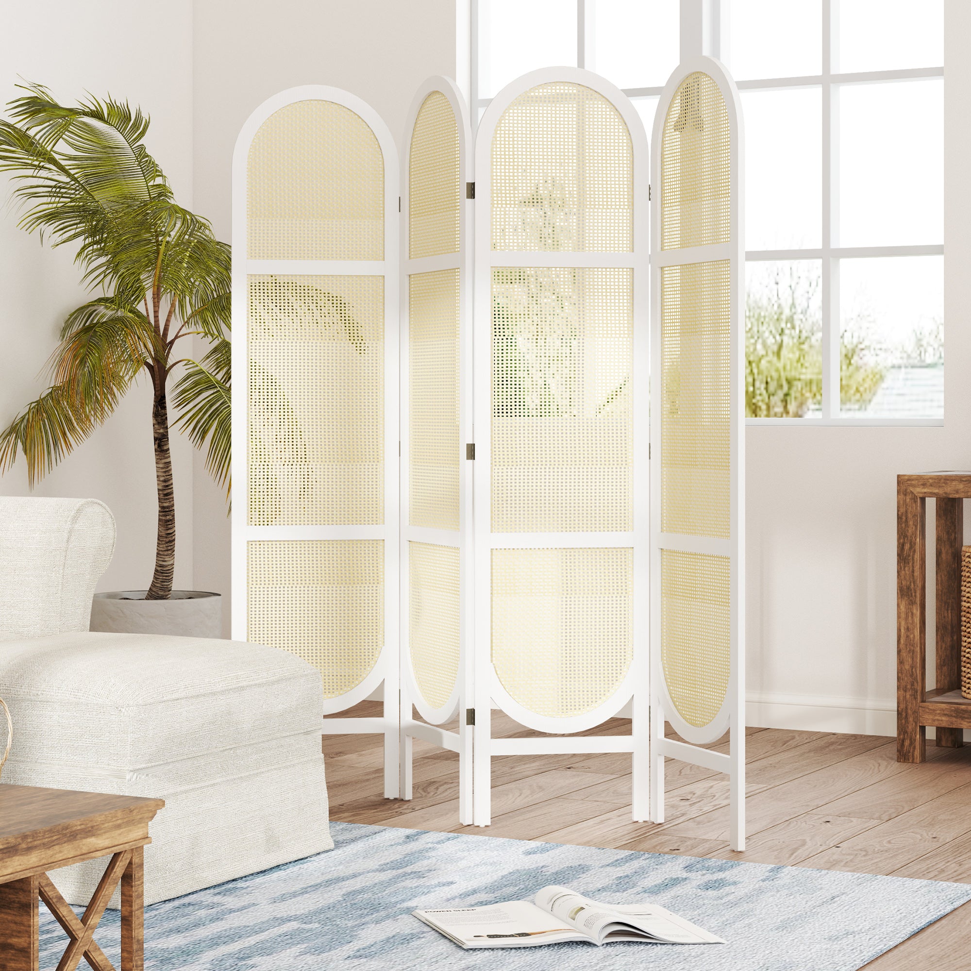 Indoor Wood Room Divider 4 Panel 170 x 160 cm, Foldable and Portable, Hand-Woven Pattern, Separation Partition for Living Room Bedroom Home, White