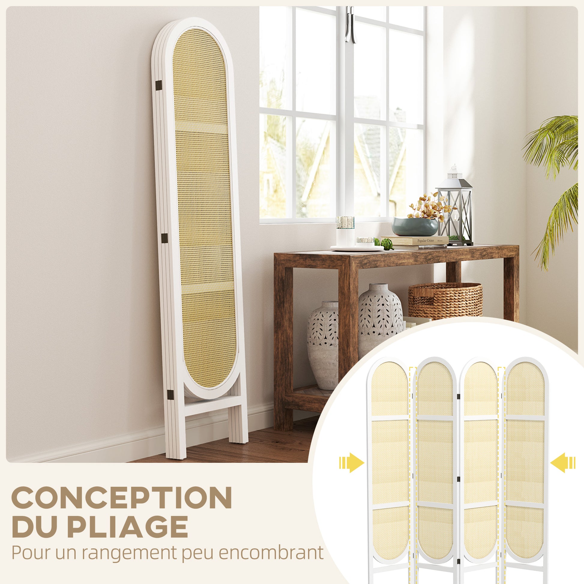Indoor Wood Room Divider 4 Panel 170 x 160 cm, Foldable and Portable, Hand-Woven Pattern, Separation Partition for Living Room Bedroom Home, White