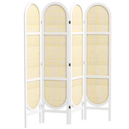 Indoor Wood Room Divider 4 Panel 170 x 160 cm, Foldable and Portable, Hand-Woven Pattern, Separation Partition for Living Room Bedroom Home, White