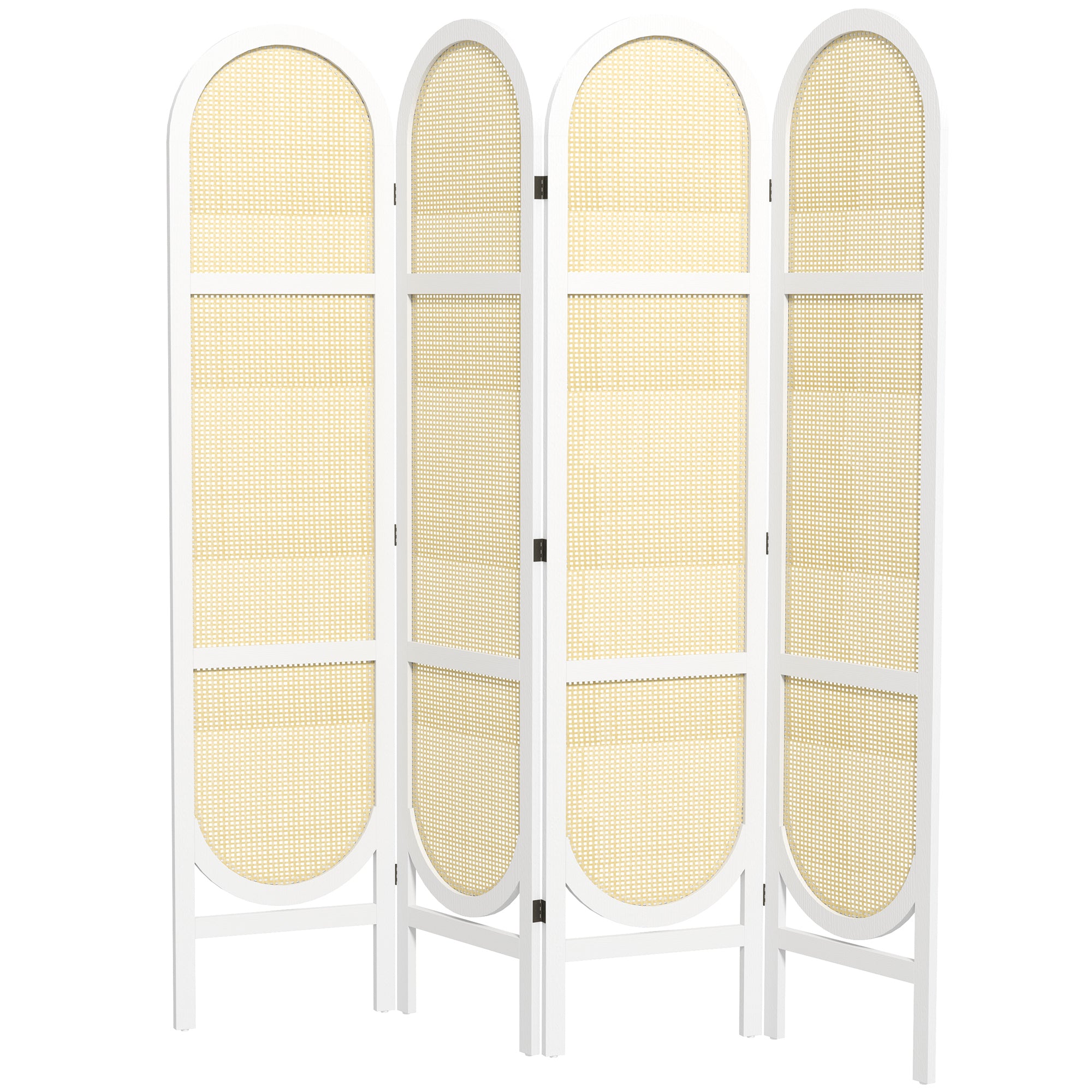 Indoor Wood Room Divider 4 Panel 170 x 160 cm, Foldable and Portable, Hand-Woven Pattern, Separation Partition for Living Room Bedroom Home, White