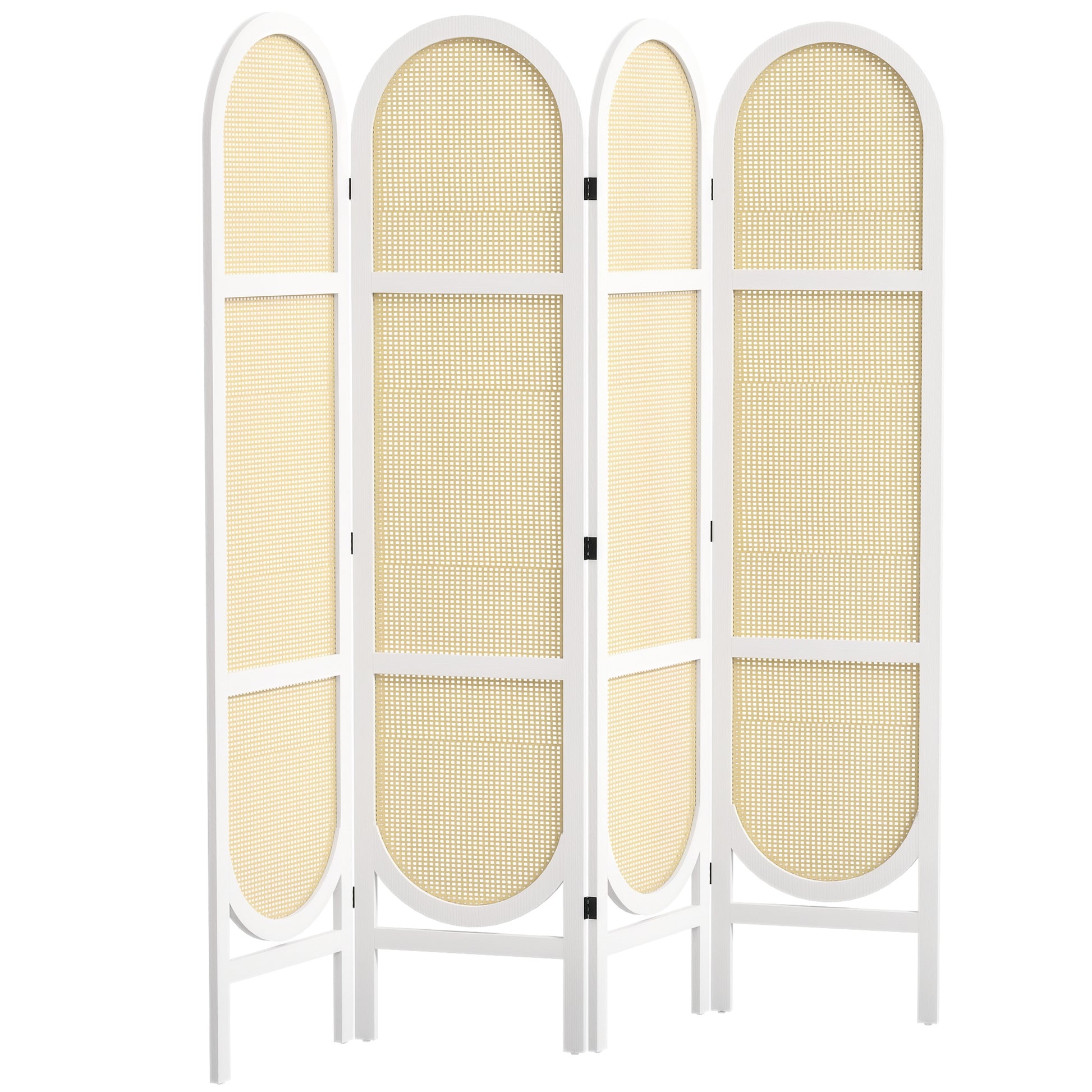 Indoor Wood Room Divider 4 Panel 170 x 160 cm, Foldable and Portable, Hand-Woven Pattern, Separation Partition for Living Room Bedroom Home, White