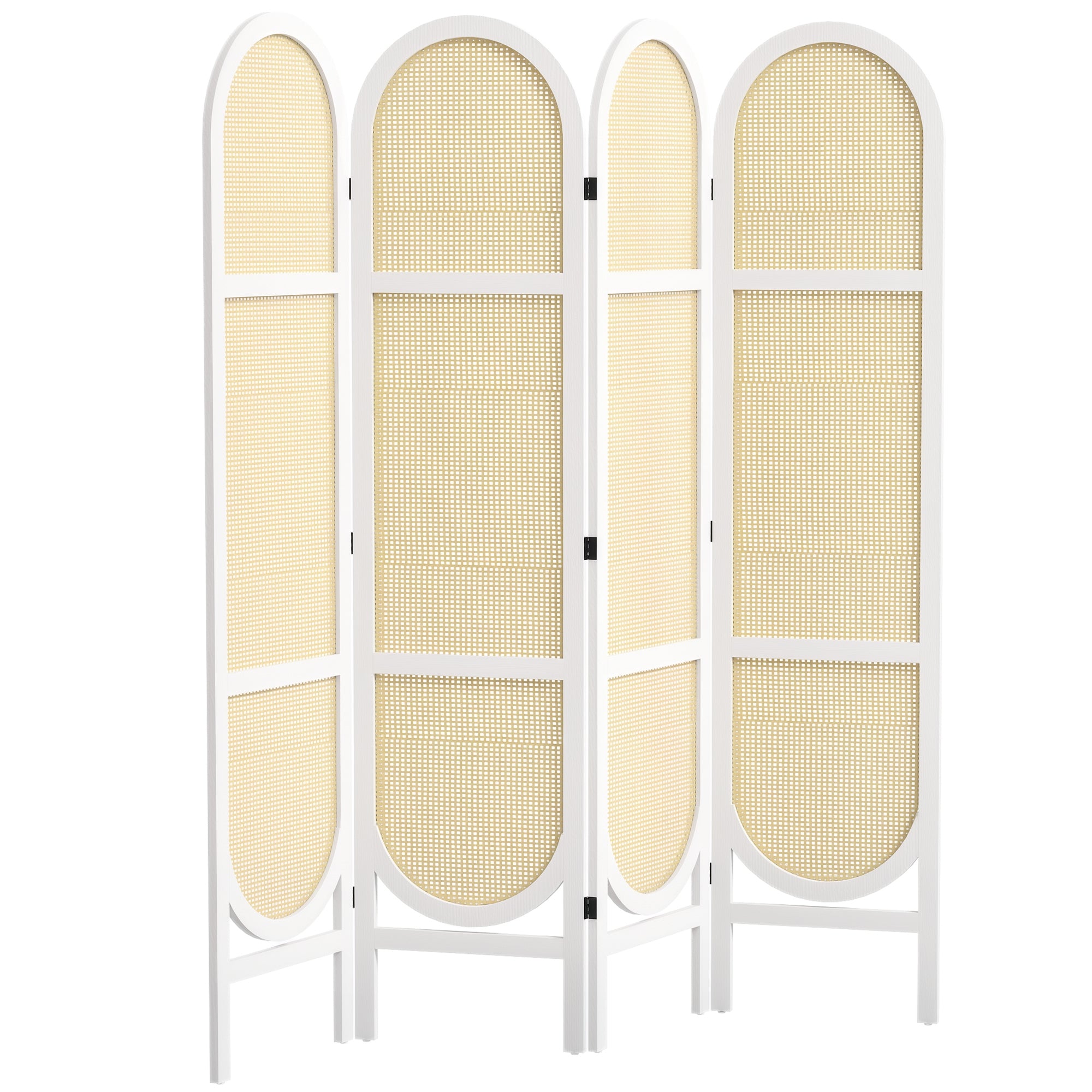 Indoor Wood Room Divider 4 Panel 170 x 160 cm, Foldable and Portable, Hand-Woven Pattern, Separation Partition for Living Room Bedroom Home, White