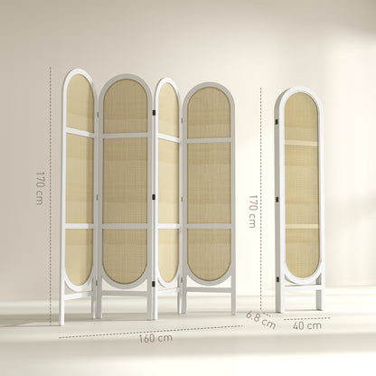 Indoor Wood Room Divider 4 Panel 170 x 160 cm, Foldable and Portable, Hand-Woven Pattern, Separation Partition for Living Room Bedroom Home, White