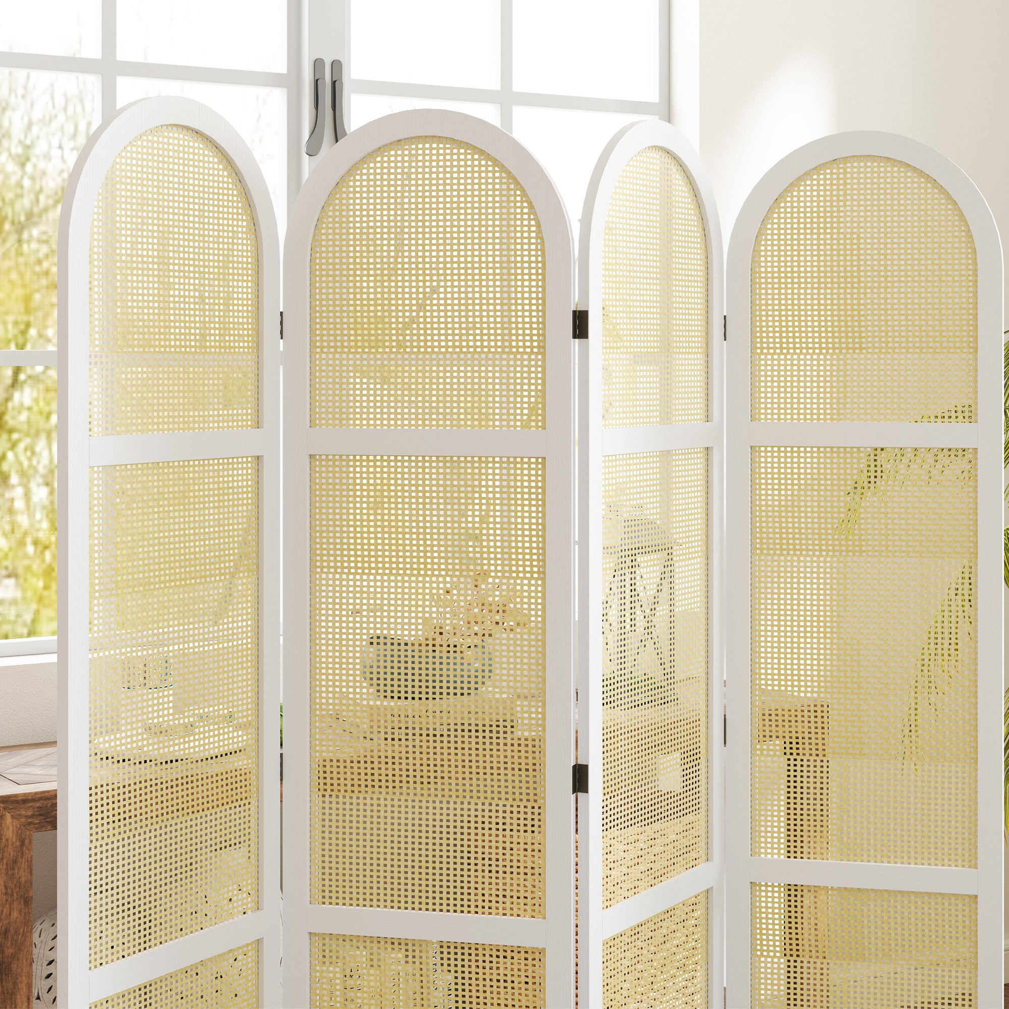 Indoor Wood Room Divider 4 Panel 170 x 160 cm, Foldable and Portable, Hand-Woven Pattern, Separation Partition for Living Room Bedroom Home, White