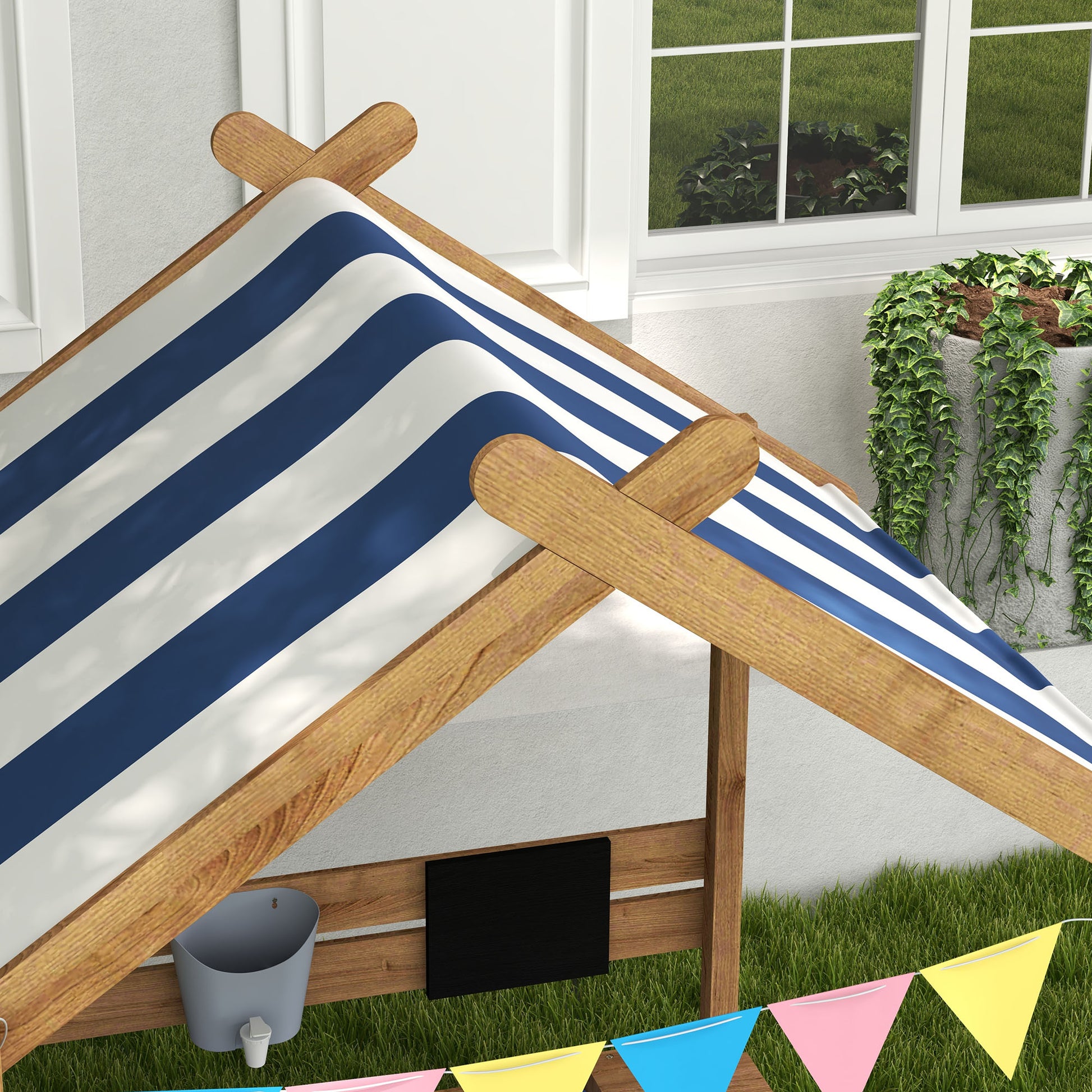Sandpit with Roof, Wooden Sandbox with Seating Area, Playhouse, 124 x 116 x 146 cm Sandbox with Chalkboard for 3-7 Years Kids, Garden, Brown