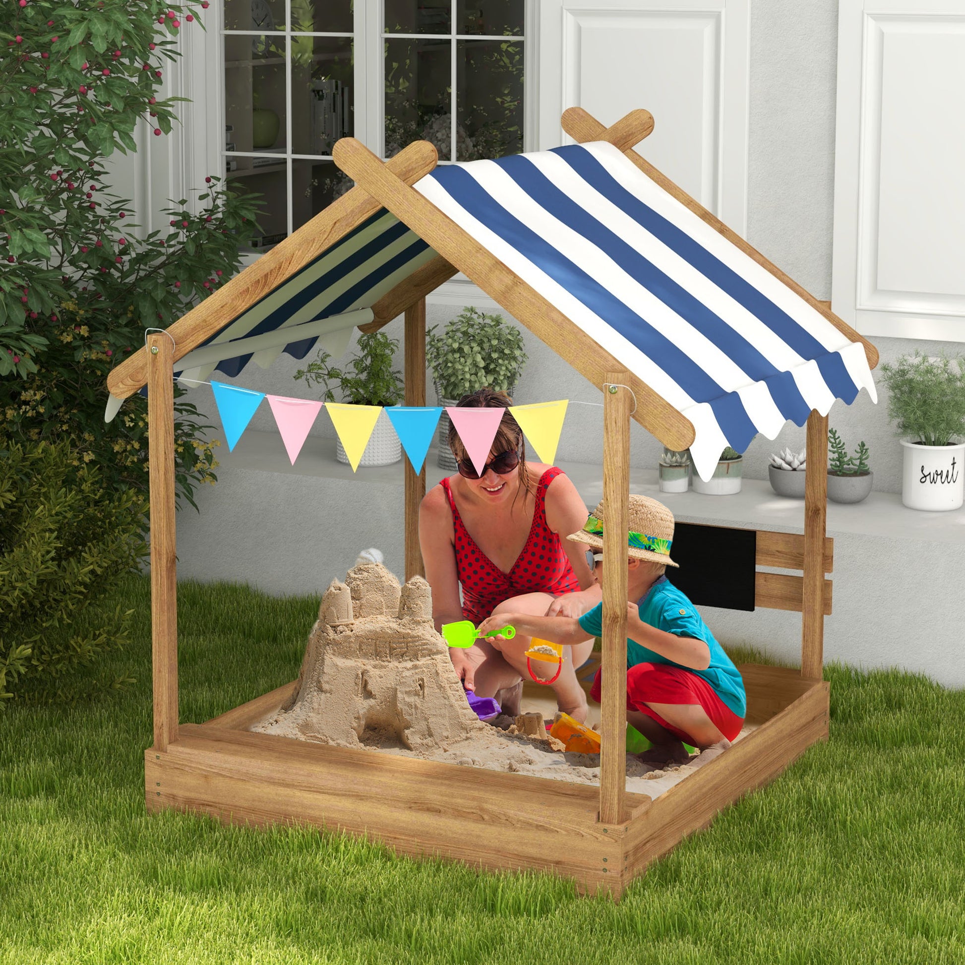 Sandpit with Roof, Wooden Sandbox with Seating Area, Playhouse, 124 x 116 x 146 cm Sandbox with Chalkboard for 3-7 Years Kids, Garden, Brown